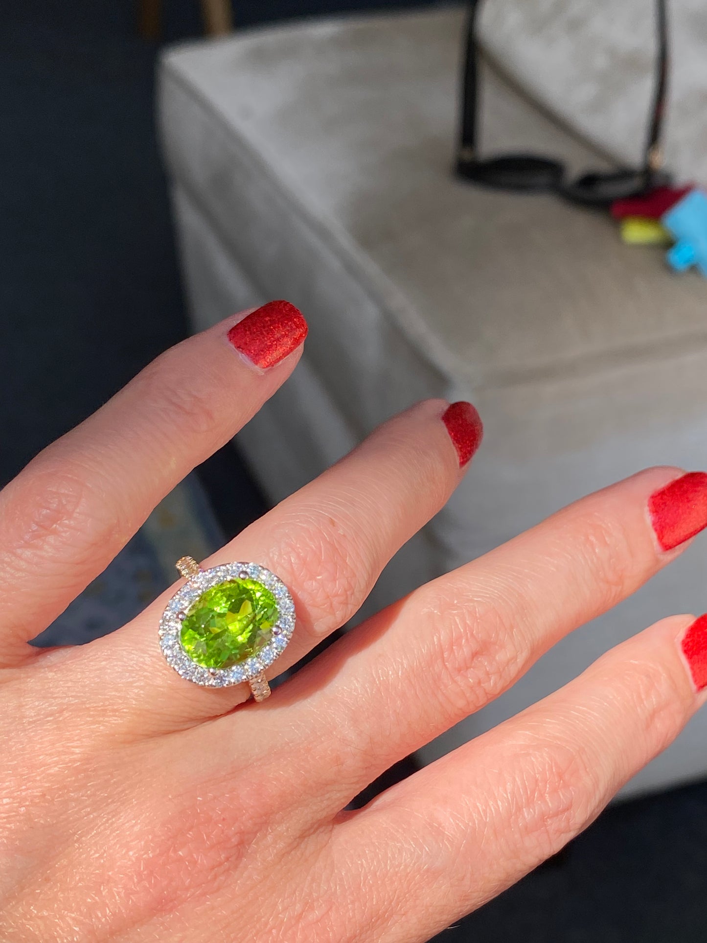 5.22 Carat Peridot and 0.97ctw Natural Diamond Ring in Platinum and 18ct Yellow Gold