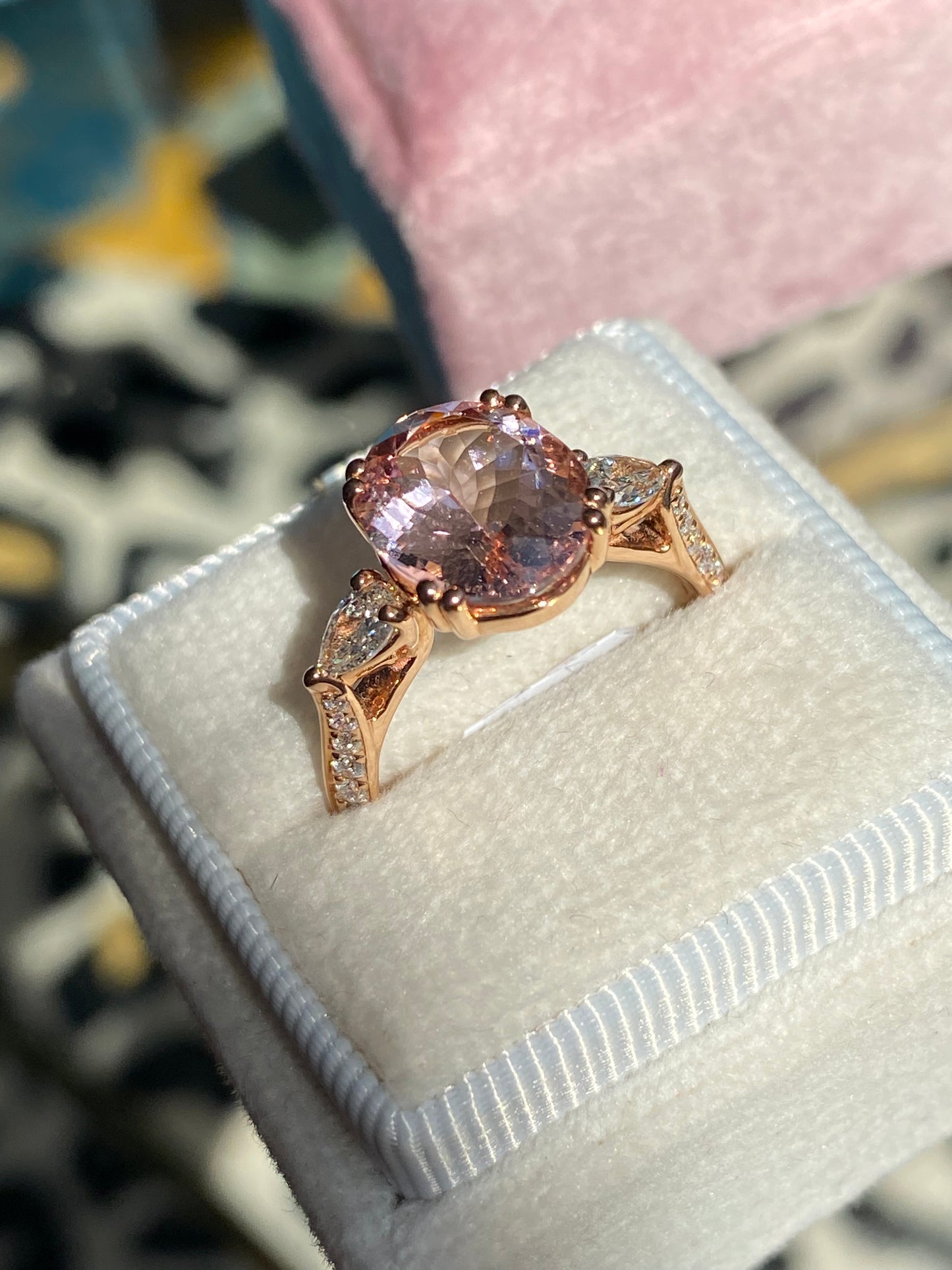 3.04 Carat Morganite and Natural Diamonds Three Stone Engagement Ring in 18ct Rose Gold