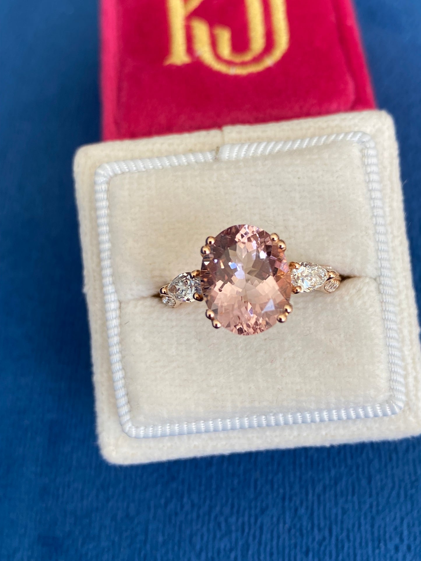 3.04 Carat Morganite and Natural Diamonds Three Stone Engagement Ring in 18ct Rose Gold
