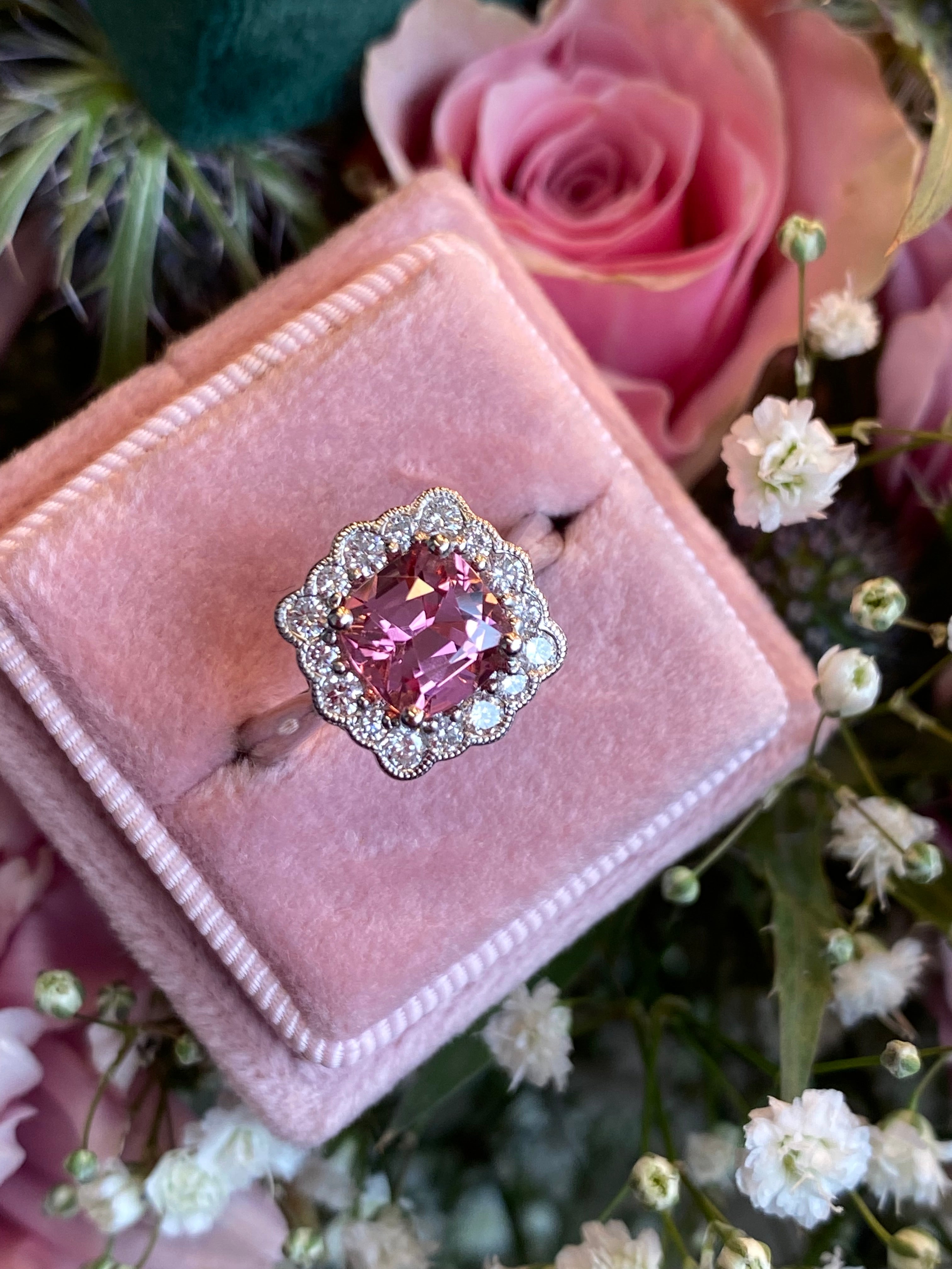 1.58 Carat Cushion Cut Pink Tourmaline and Natural Diamond Ring in Platinum