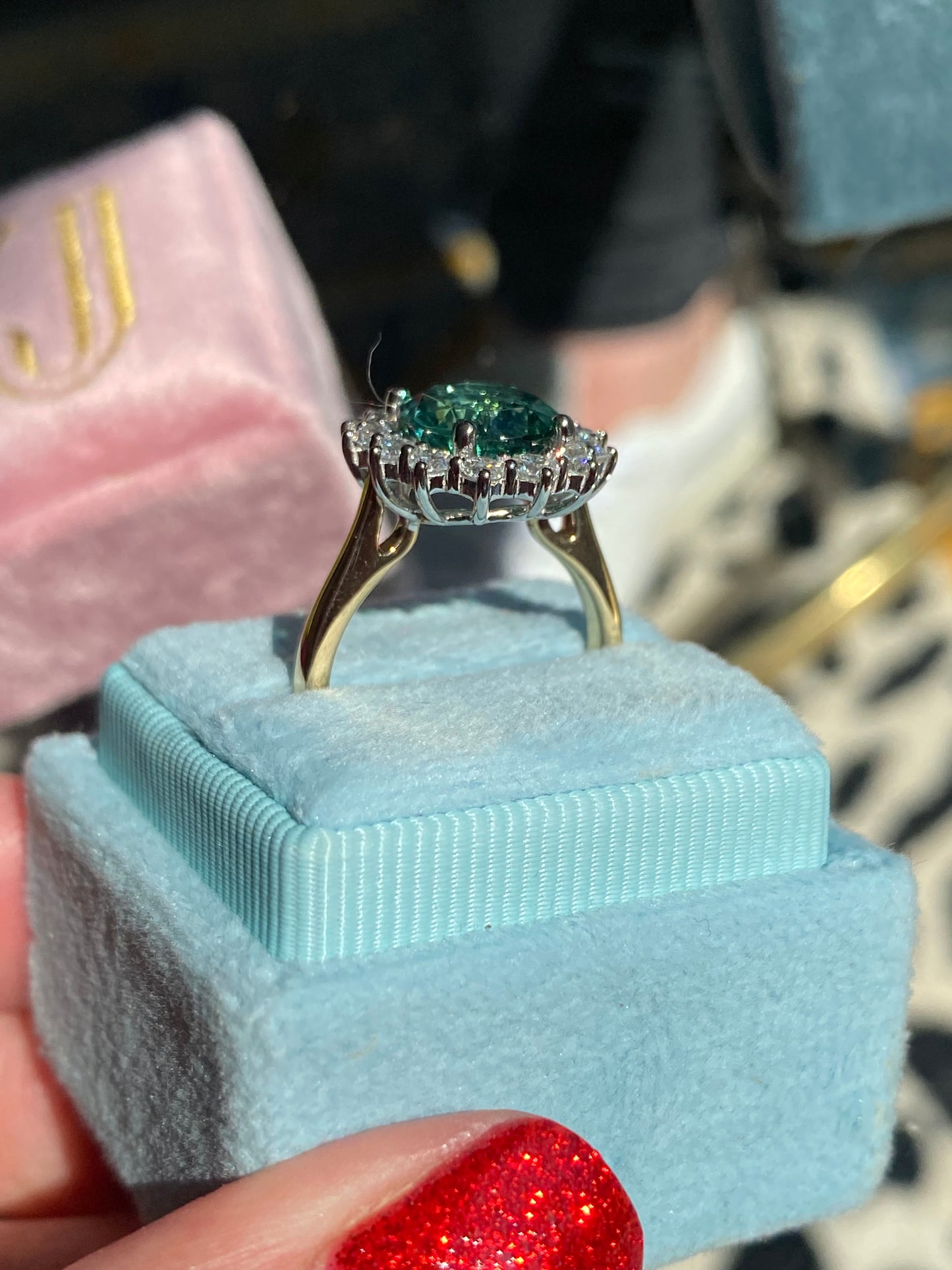 3.06 Carat Blue Tourmaline and Natural Diamond Halo Ring in Platinum and 18ct Yellow Gold