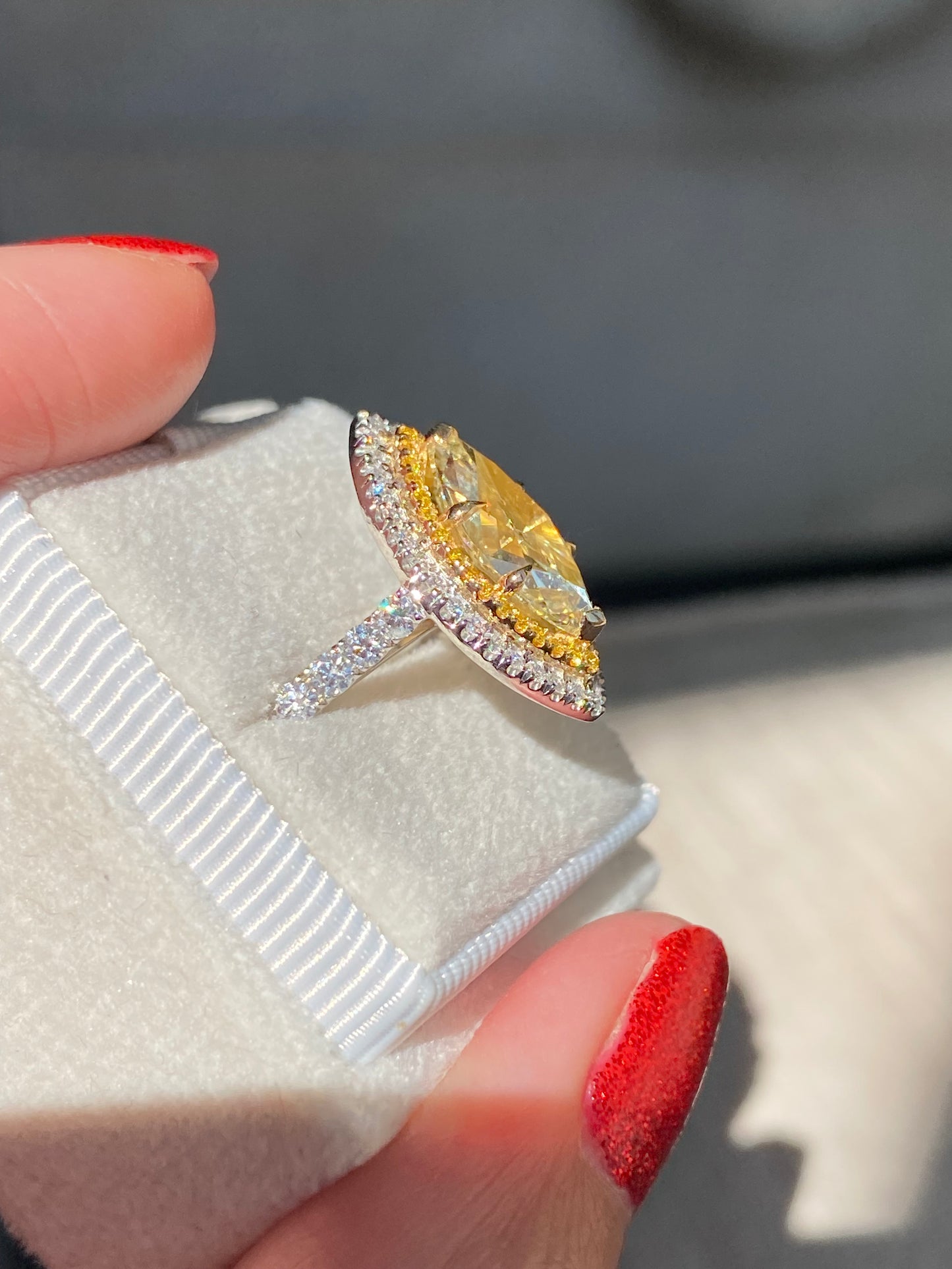 3.21 ctw Marquise Cut Natural Yellow Diamond Engagement Ring in Platinum and 18ct Yellow Gold