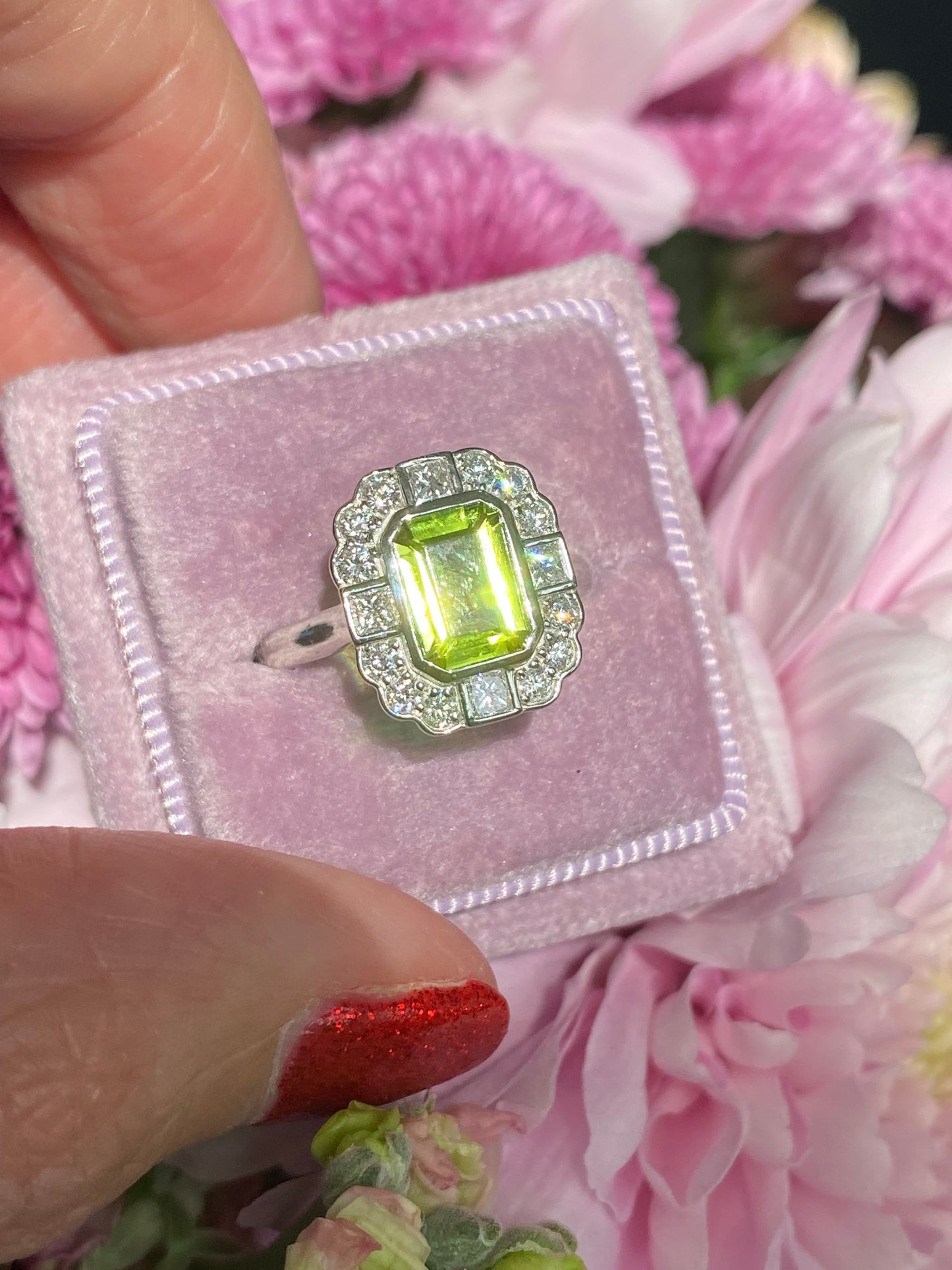 1.32 Carat Peridot and Natural Diamond Ring in Platinum