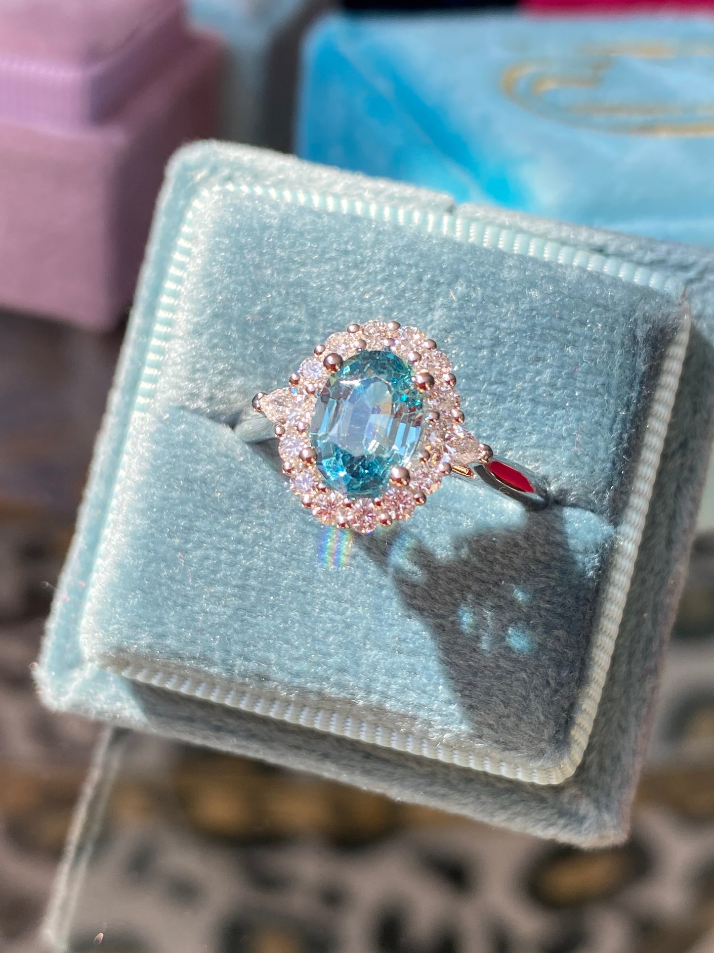 1.78 Carat Blue Zircon and Natural Diamond Halo Ring in Platinum