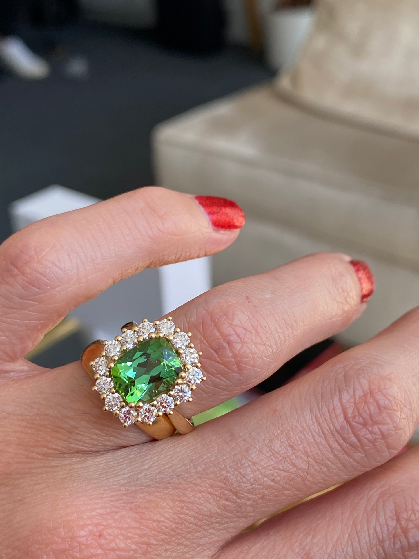 3.02 Carat Green Tourmaline and Natural Diamond Ring in 18ct Yellow Gold