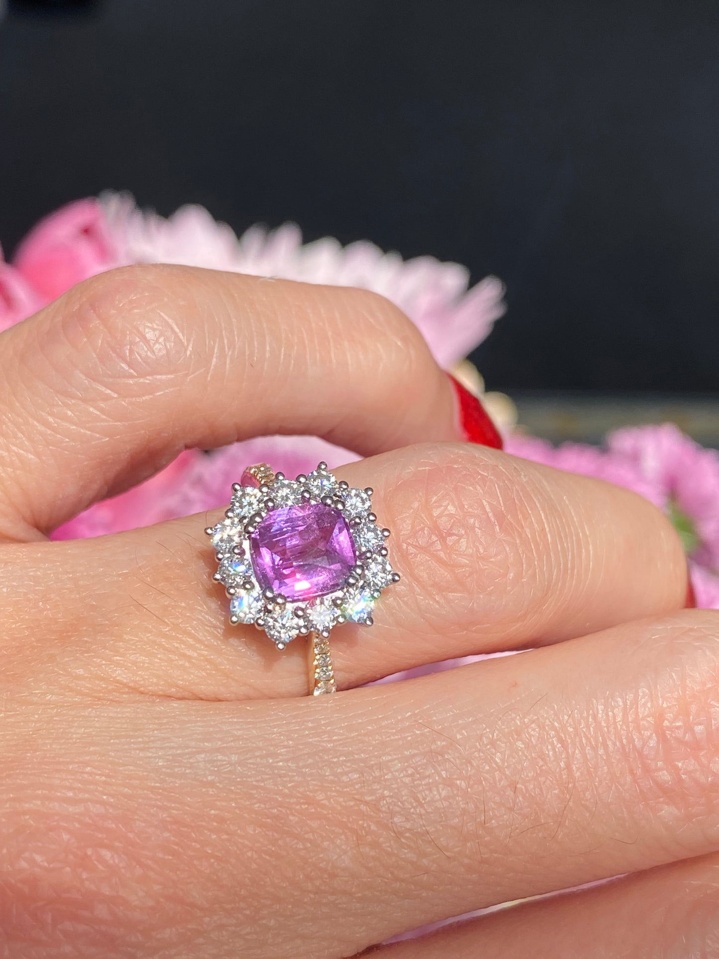 1.65 Carat Purple Sapphire and 0.85ctw Natural Diamond Halo Ring in Platinum and 18ct Gold