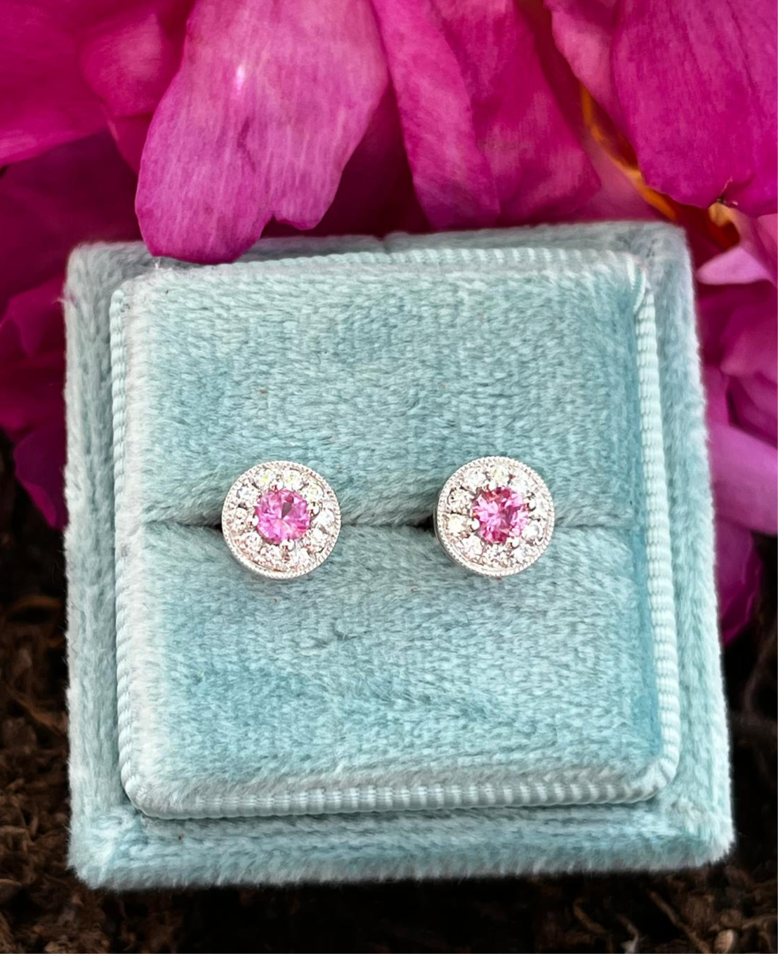 Pink Sapphire and Natural Diamond Halo Stud Earrings in 18ct White Gold