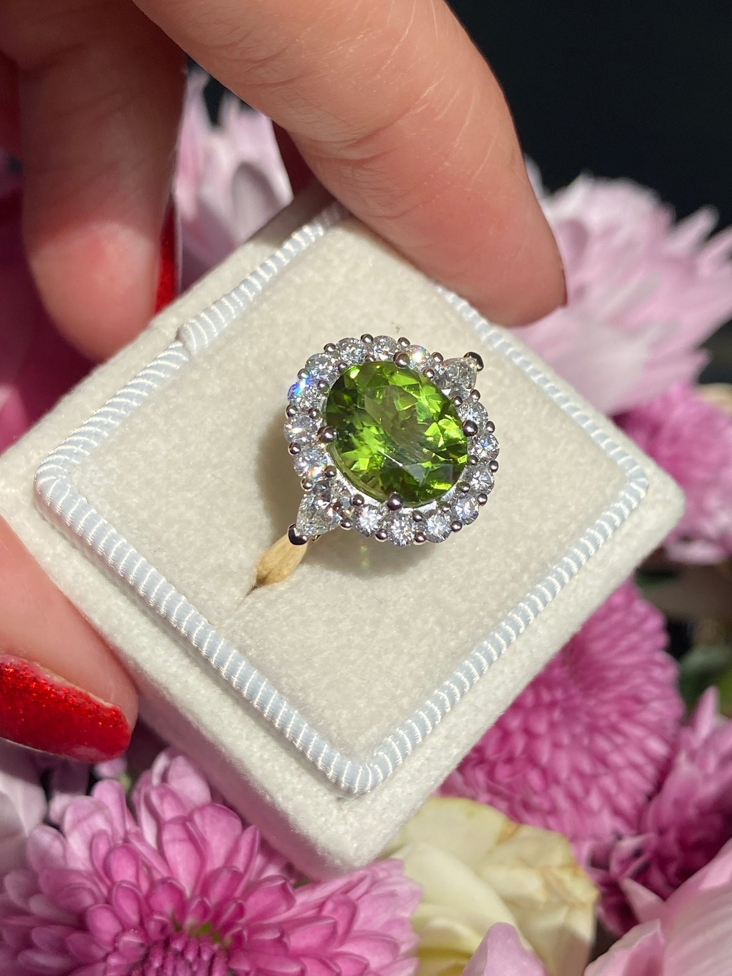 2.96 Carat Peridot and Natural Diamond Halo Ring in 18ct Yellow Gold