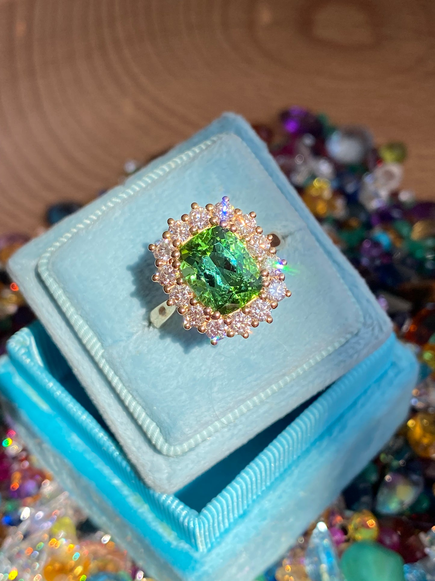 3.02 Carat Green Tourmaline and Natural Diamond Ring in 18ct Yellow Gold