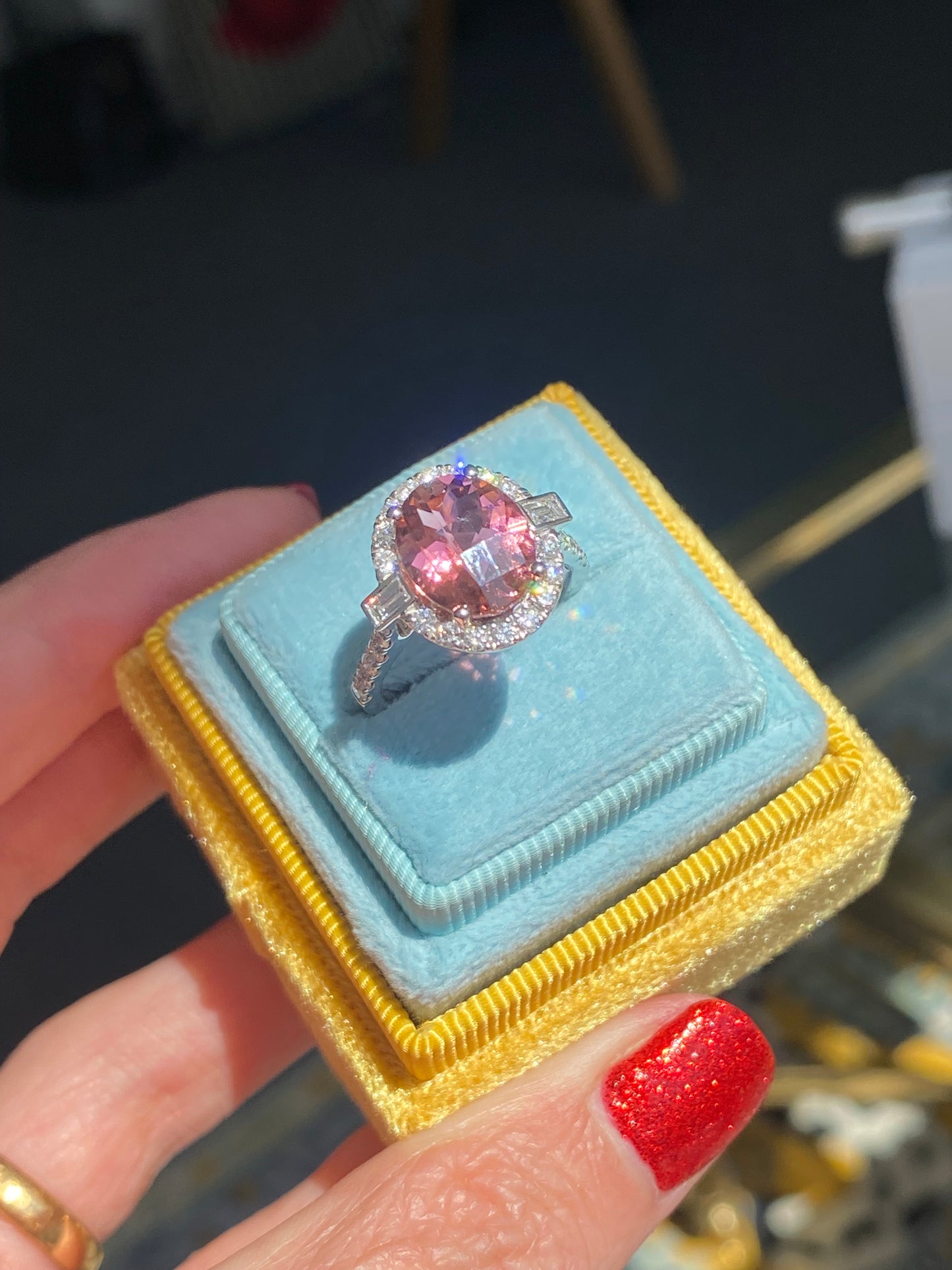 3.47 Carat Chequerboard Cut Pink Tourmaline and Natural Diamond Ring in Platinum