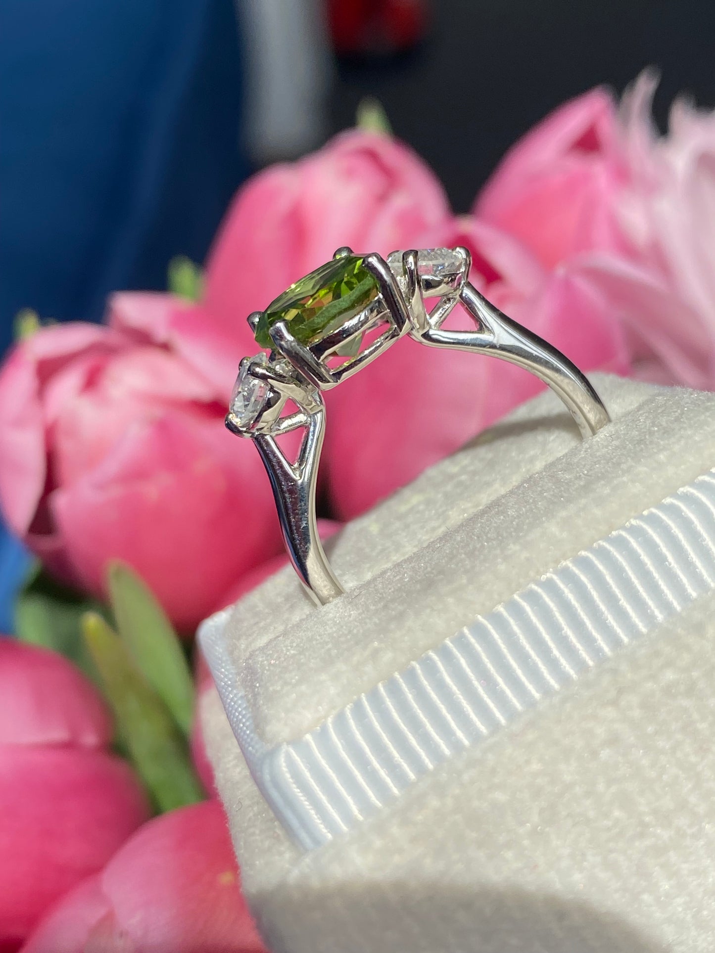 2.61 Carat Peridot and Natural Diamond Three Stone Ring