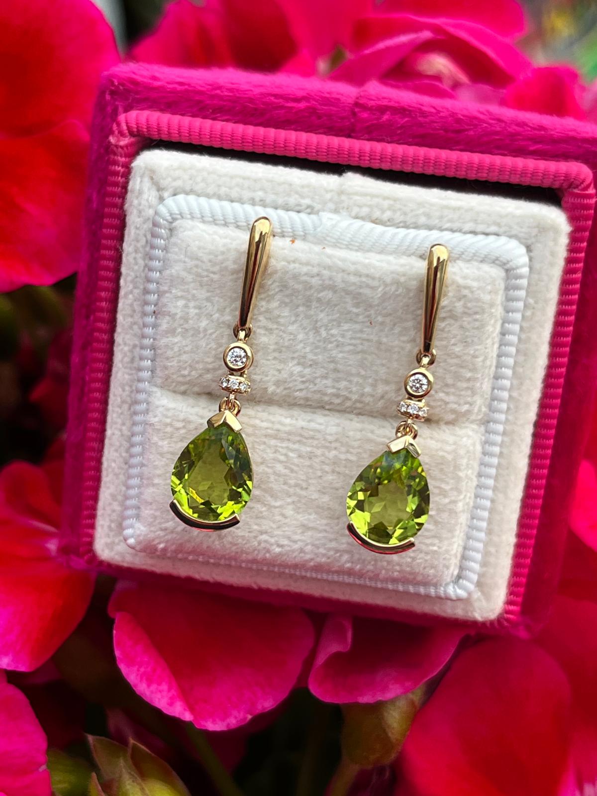 3.39 CTW Peridot and Diamond Drop Earrings in 18ct Yellow Gold