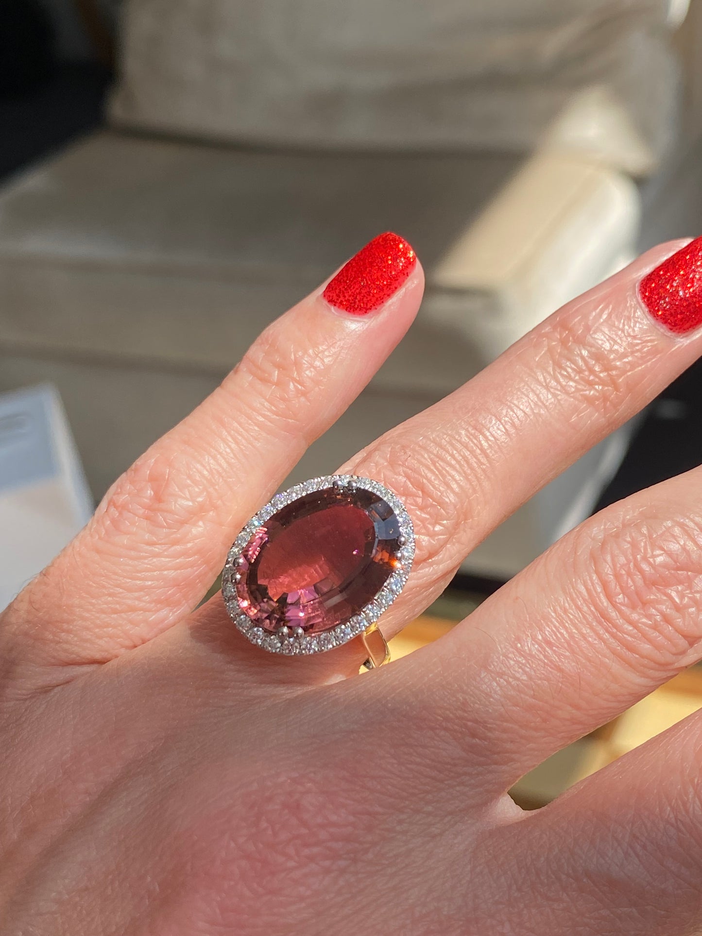 11.48 Carat Pink Tourmaline and Natural Diamond Ring in Platinum and 18ct Yellow Gold