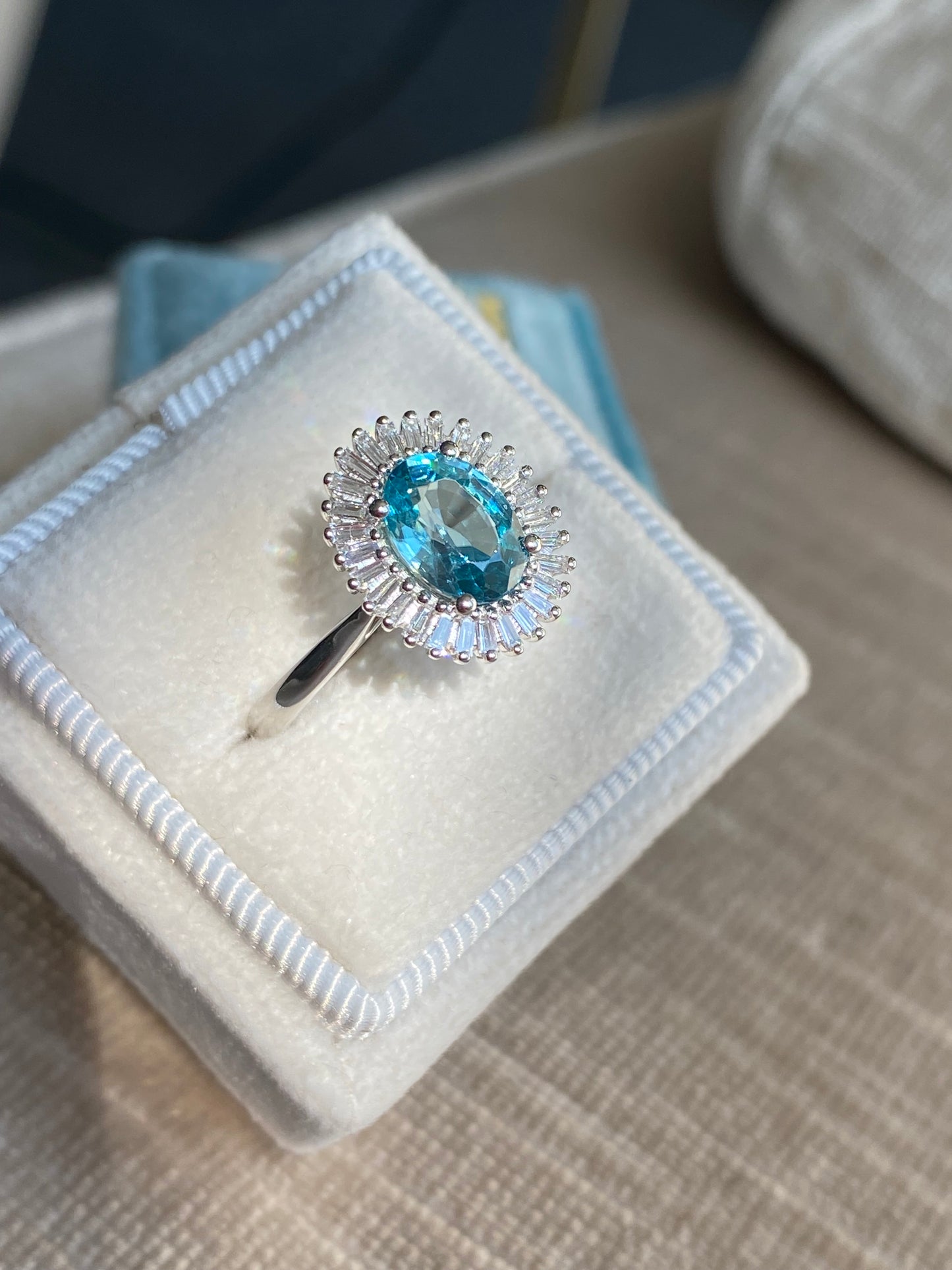 1.70 Carat Blue Zircon and Natural Diamond Starburst Halo Ring in Platinum