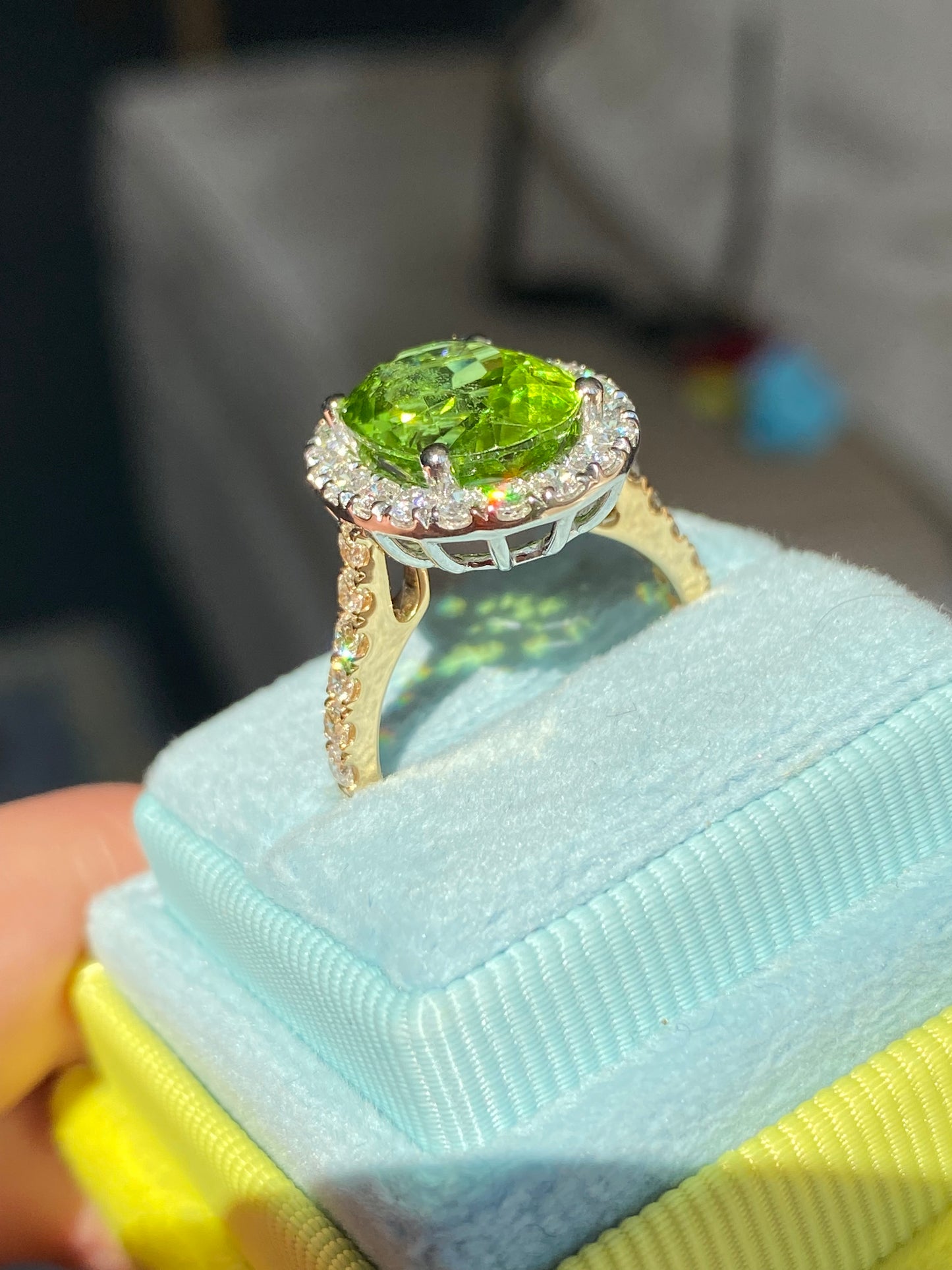 5.22 Carat Peridot and 0.97ctw Natural Diamond Ring in Platinum and 18ct Yellow Gold