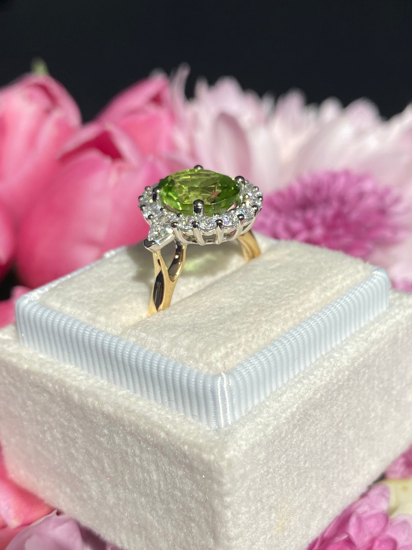 2.96 Carat Peridot and Natural Diamond Halo Ring in 18ct Yellow Gold