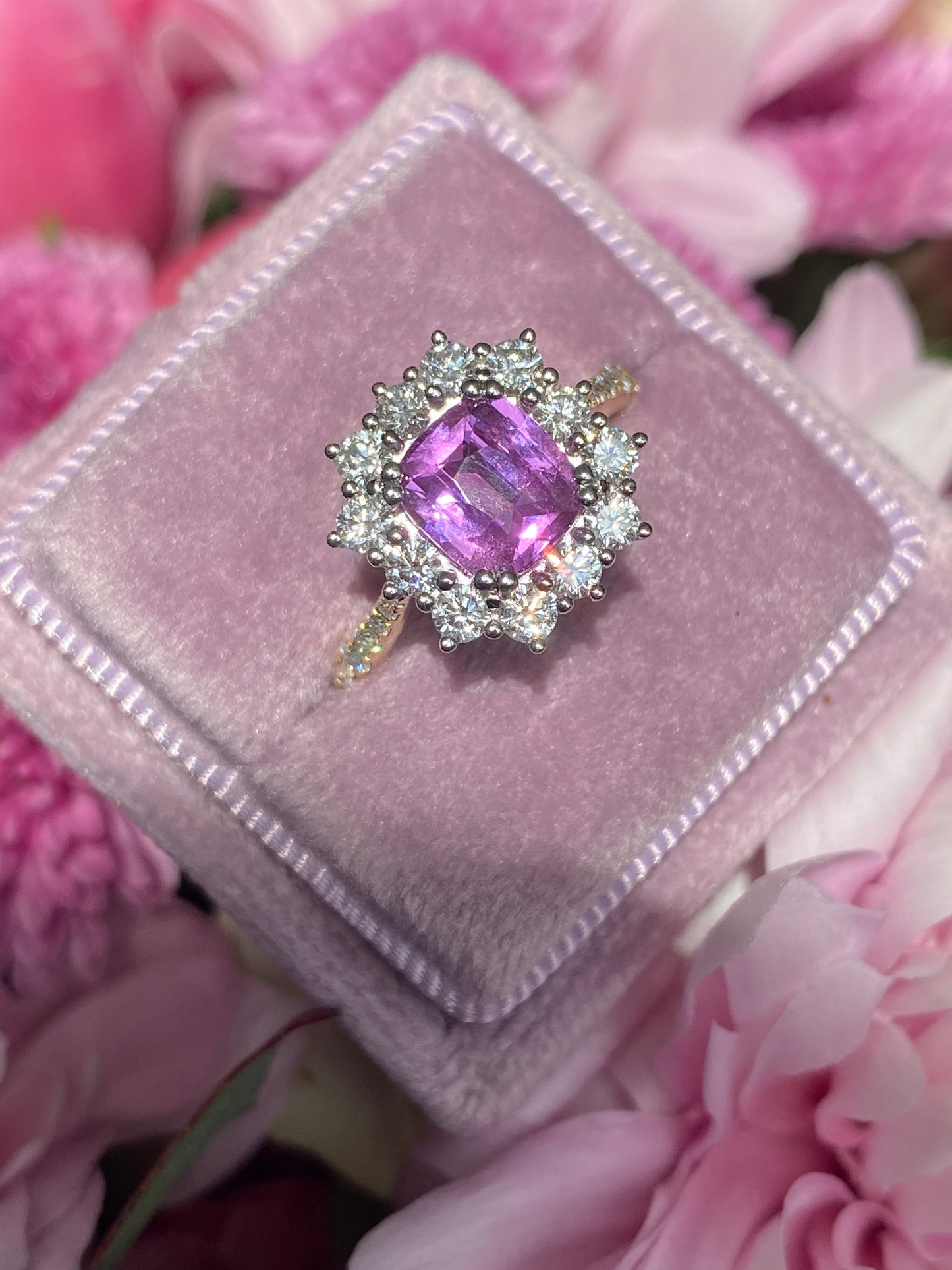1.65 Carat Purple Sapphire and 0.85ctw Natural Diamond Halo Ring in Platinum and 18ct Gold