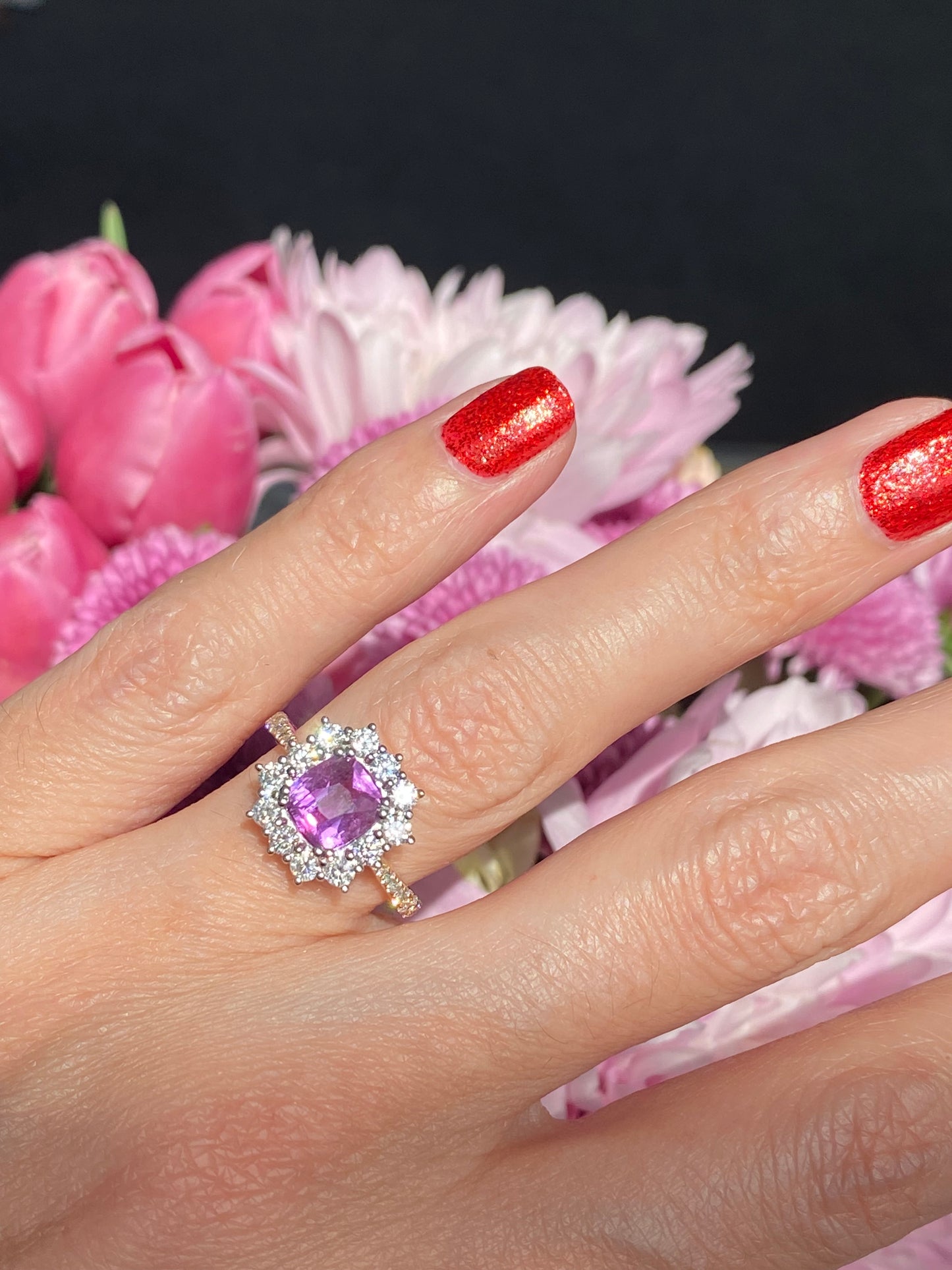 1.65 Carat Purple Sapphire and 0.85ctw Natural Diamond Halo Ring in Platinum and 18ct Gold