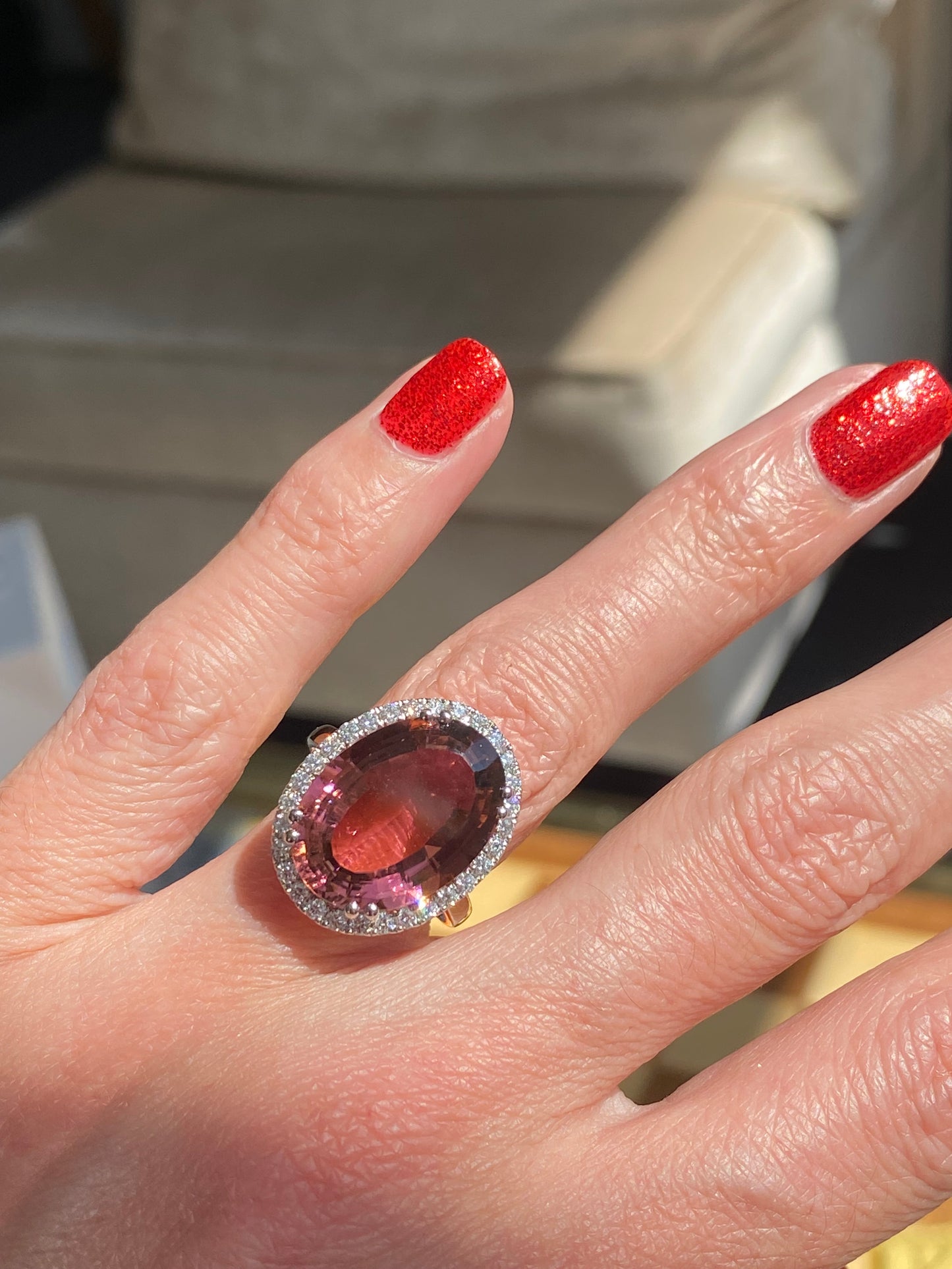 11.48 Carat Pink Tourmaline and Natural Diamond Ring in Platinum and 18ct Yellow Gold