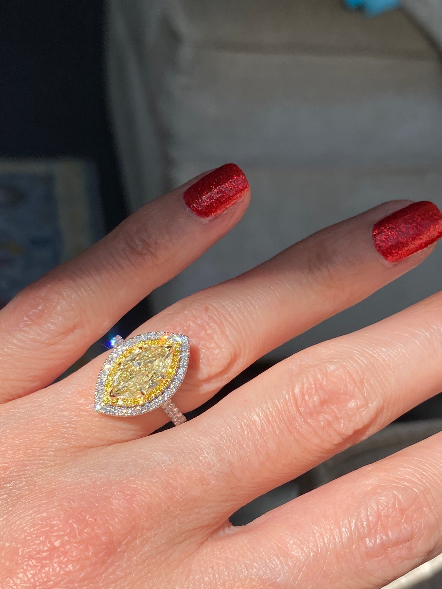 3.21 ctw Marquise Cut Natural Yellow Diamond Engagement Ring in Platinum and 18ct Yellow Gold
