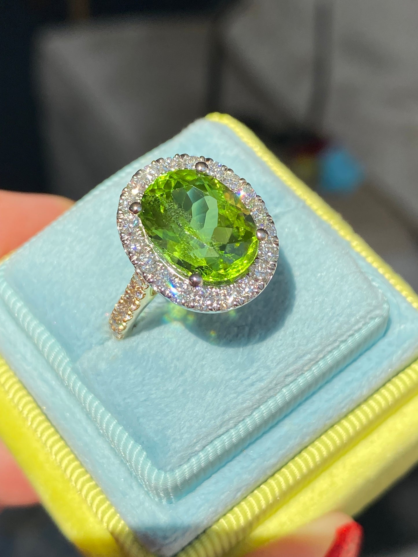 5.22 Carat Peridot and 0.97ctw Natural Diamond Ring in Platinum and 18ct Yellow Gold