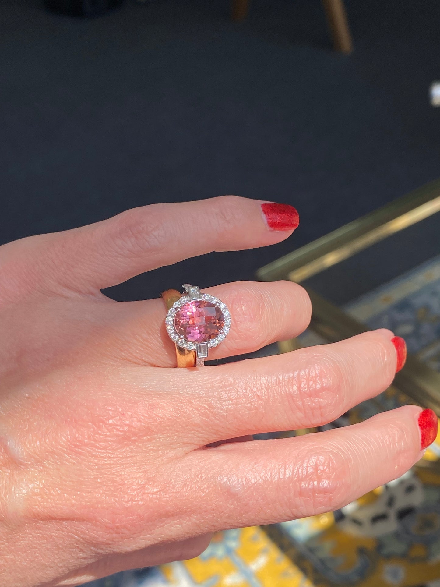 3.47 Carat Chequerboard Cut Pink Tourmaline and Natural Diamond Ring in Platinum