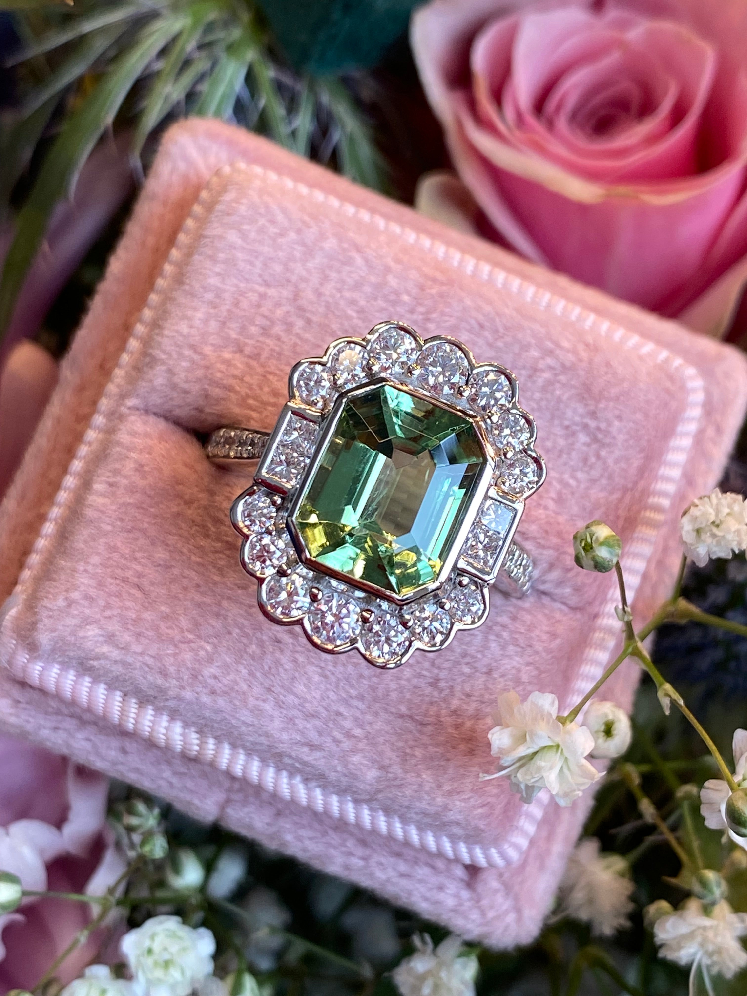 4.01 CTW Emerald Cut Mint Tourmaline and Natural Diamond Ring in Platinum