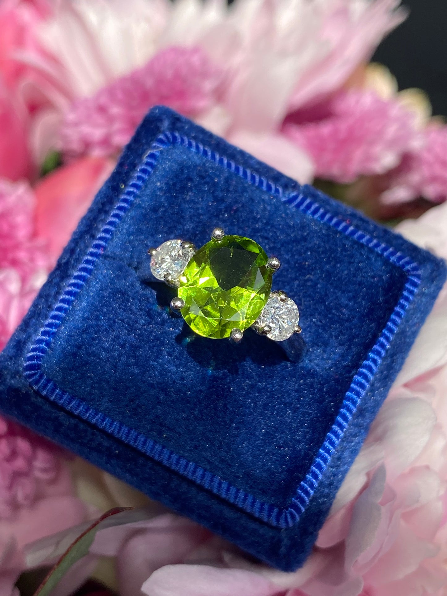 2.61 Carat Peridot and Natural Diamond Three Stone Ring