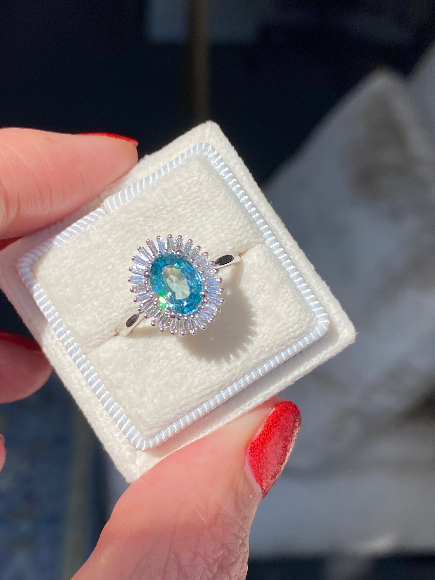 1.70 Carat Blue Zircon and Natural Diamond Starburst Halo Ring in Platinum