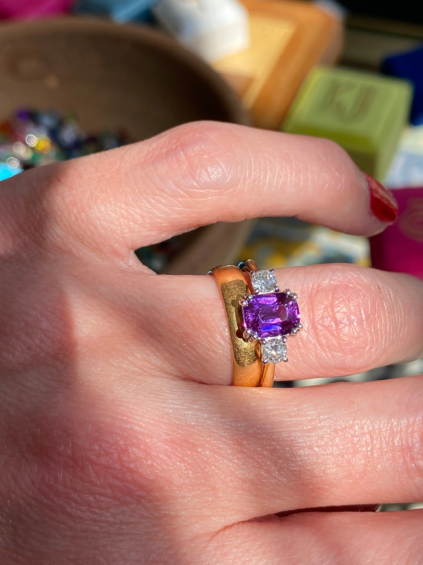 2.16 Carat Purple Sapphire and 0.38ctw Natural Diamond Three Stone Ring in Platinum and 18ct Gold