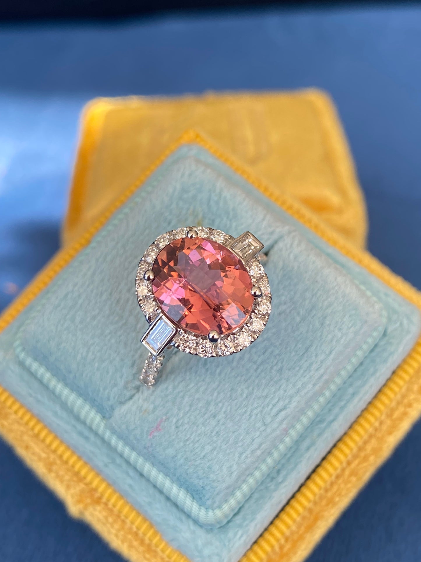 3.47 Carat Chequerboard Cut Pink Tourmaline and Natural Diamond Ring in Platinum