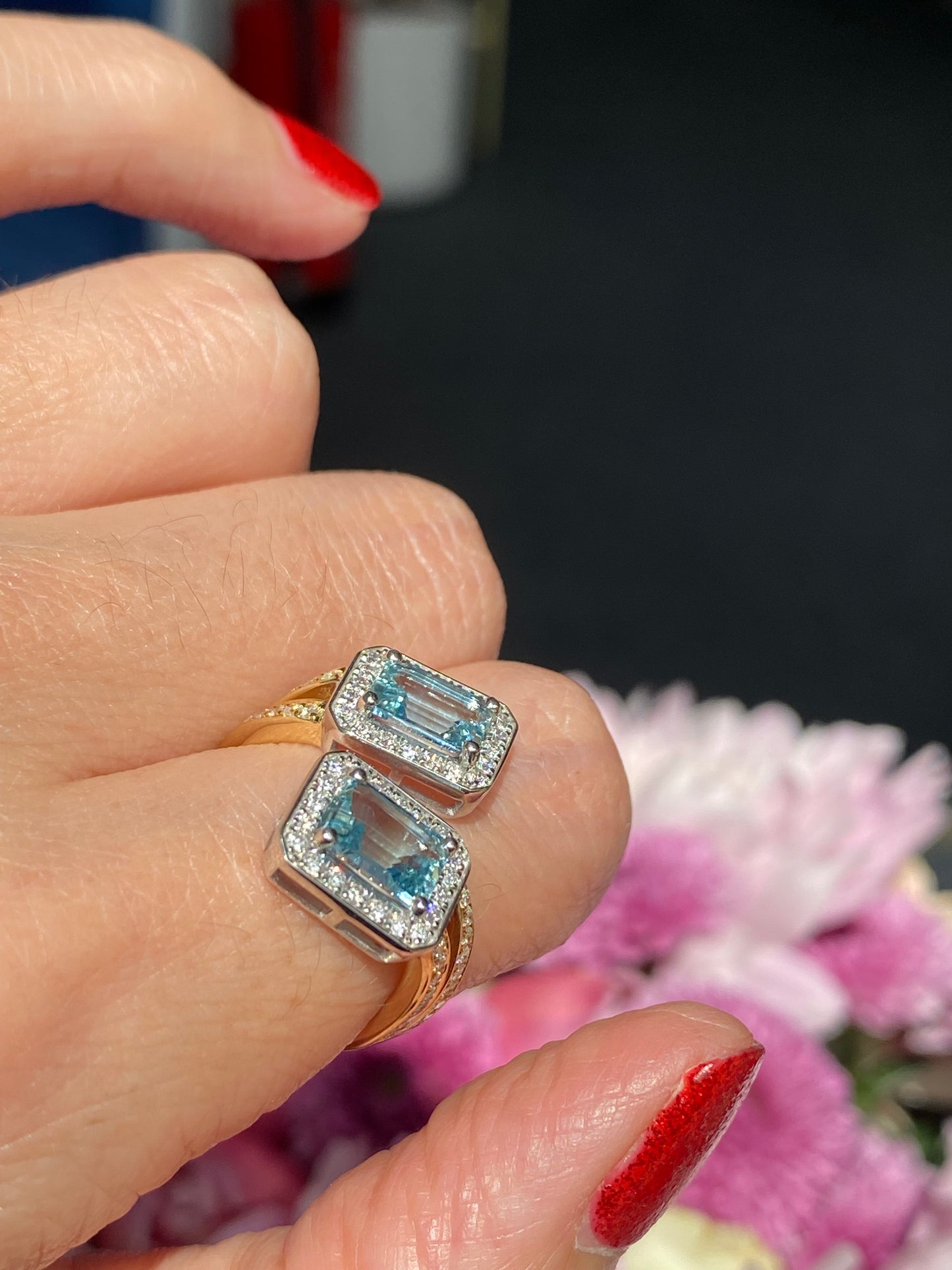 2.25ctw Aquamarine and Natural Diamond Toi et Moi Ring in Platinum and 18ct Yellow Gold