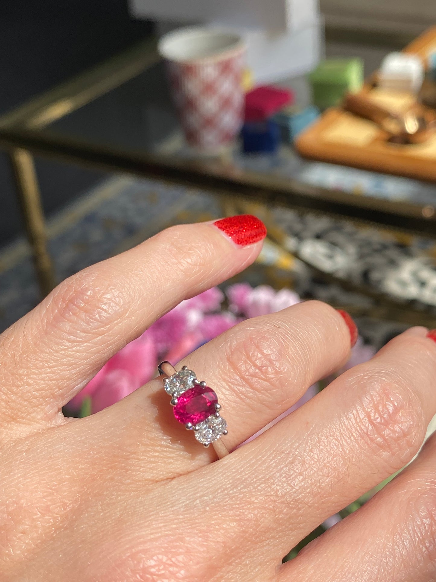 1.34 Carat Ruby and 0.66 Natural Diamond Three Stone Ring in Platinum