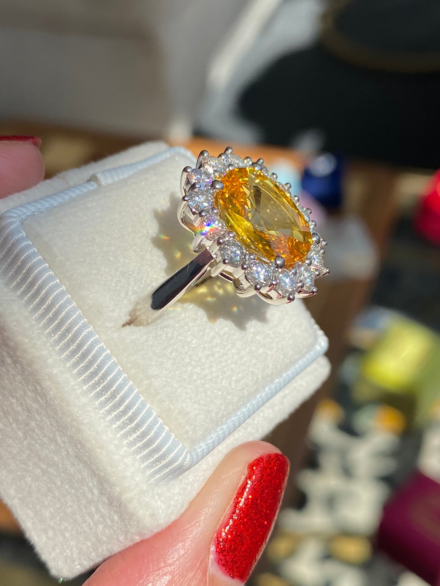5.54 Carat Yellow Sapphire and 1.36ctw Natural Diamond Ring in Platinum