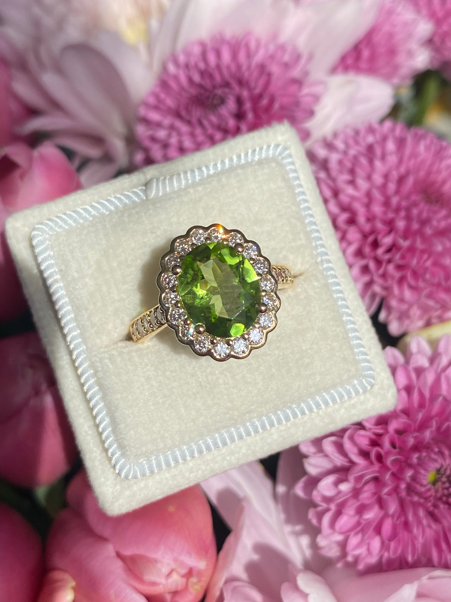 2.96 Carat Peridot and Natural Diamond Halo Ring in 18ct Yellow Gold