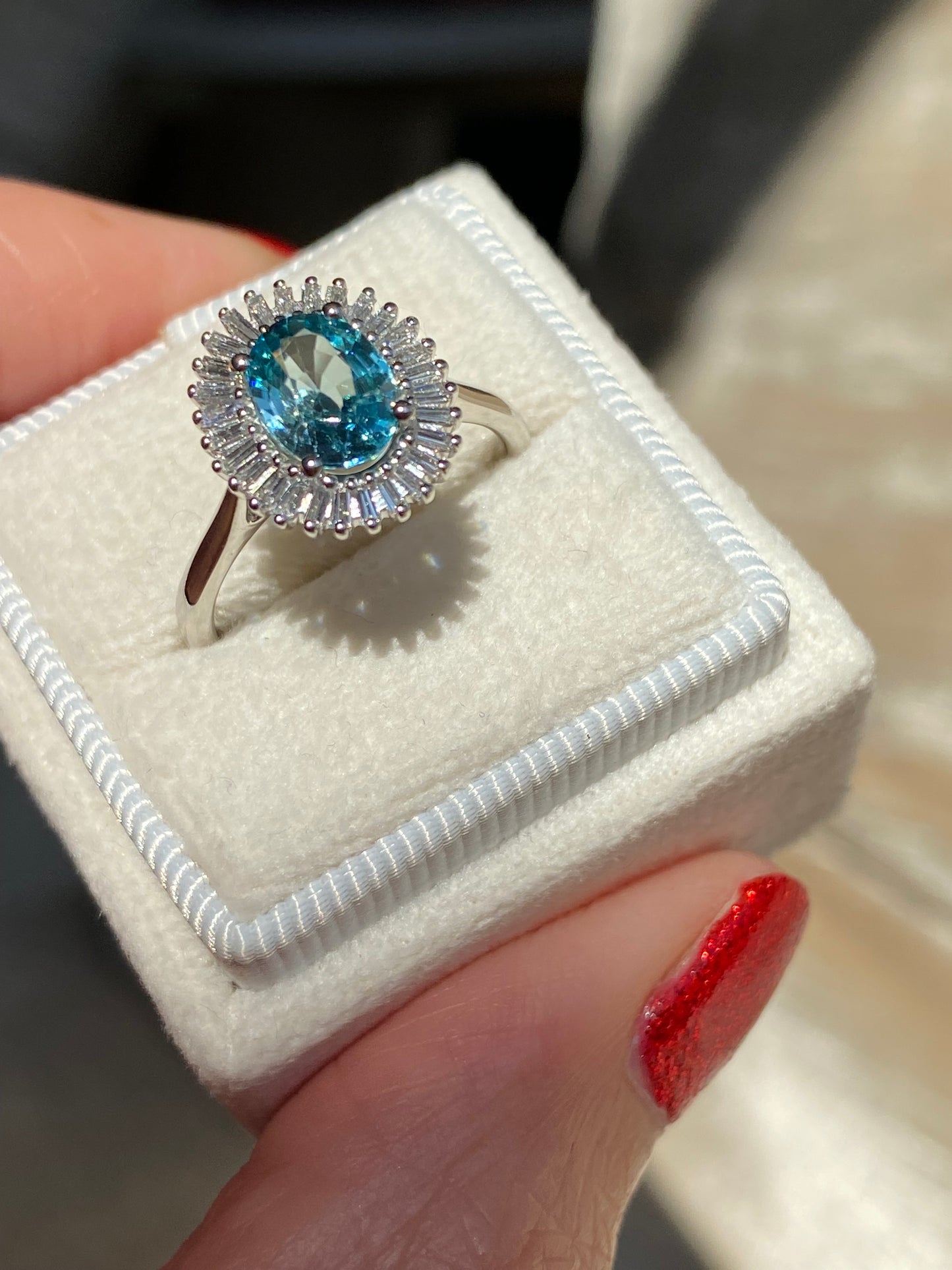 1.70 Carat Blue Zircon and Natural Diamond Starburst Halo Ring in Platinum