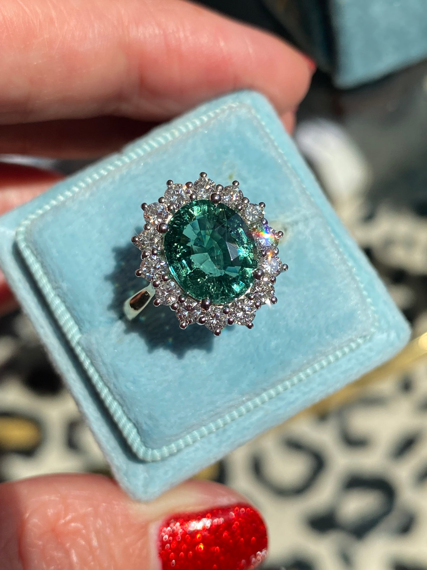 3.06 Carat Blue Tourmaline and Natural Diamond Halo Ring in Platinum and 18ct Yellow Gold