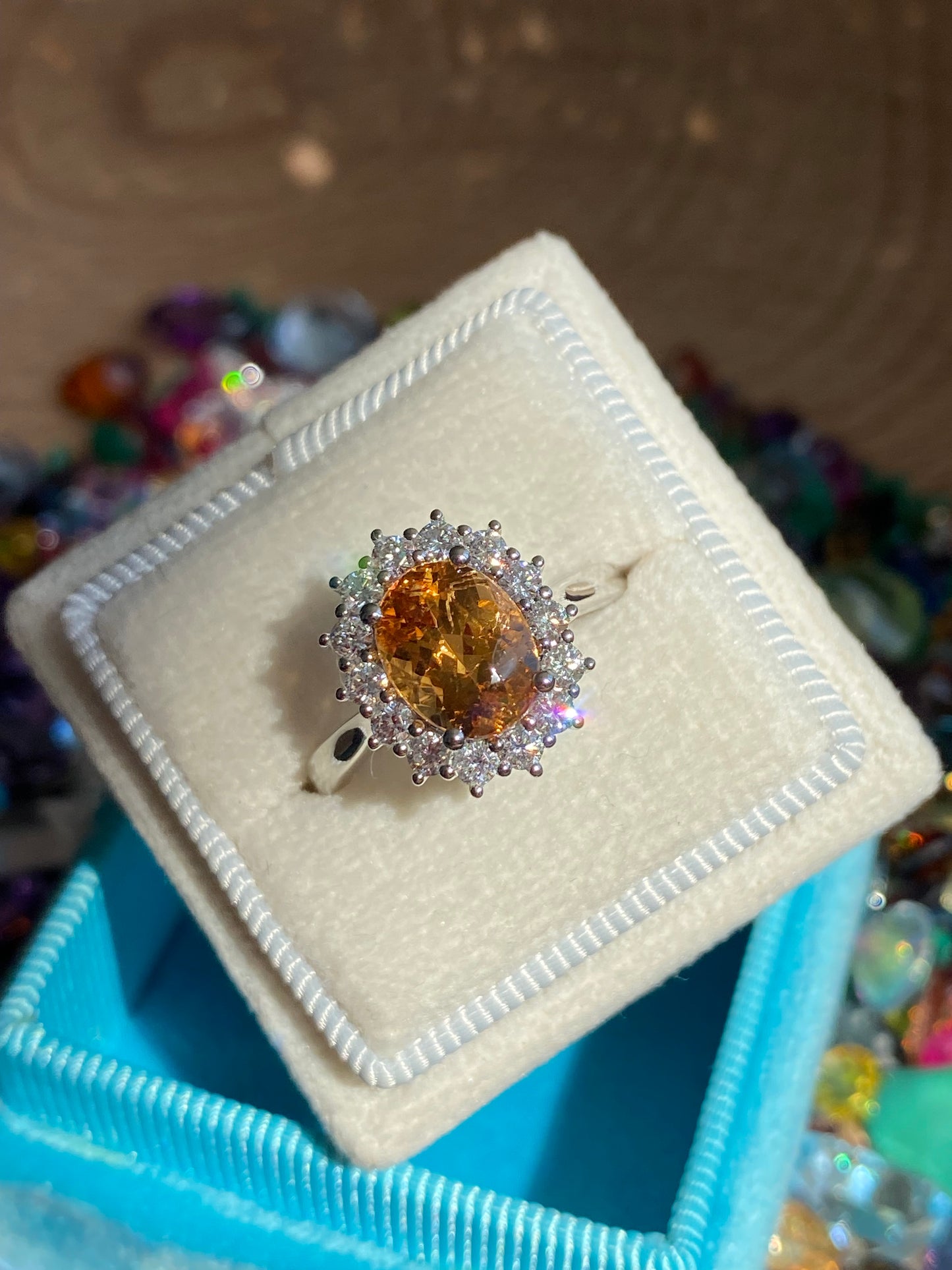 2.46 Carat Golden Topaz and Natural Diamond Ring in Platinum