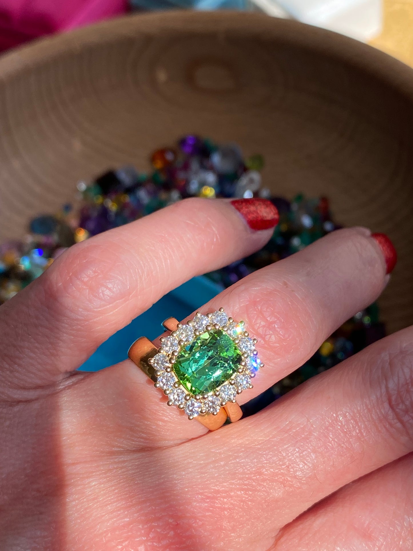3.02 Carat Green Tourmaline and Natural Diamond Ring in 18ct Yellow Gold
