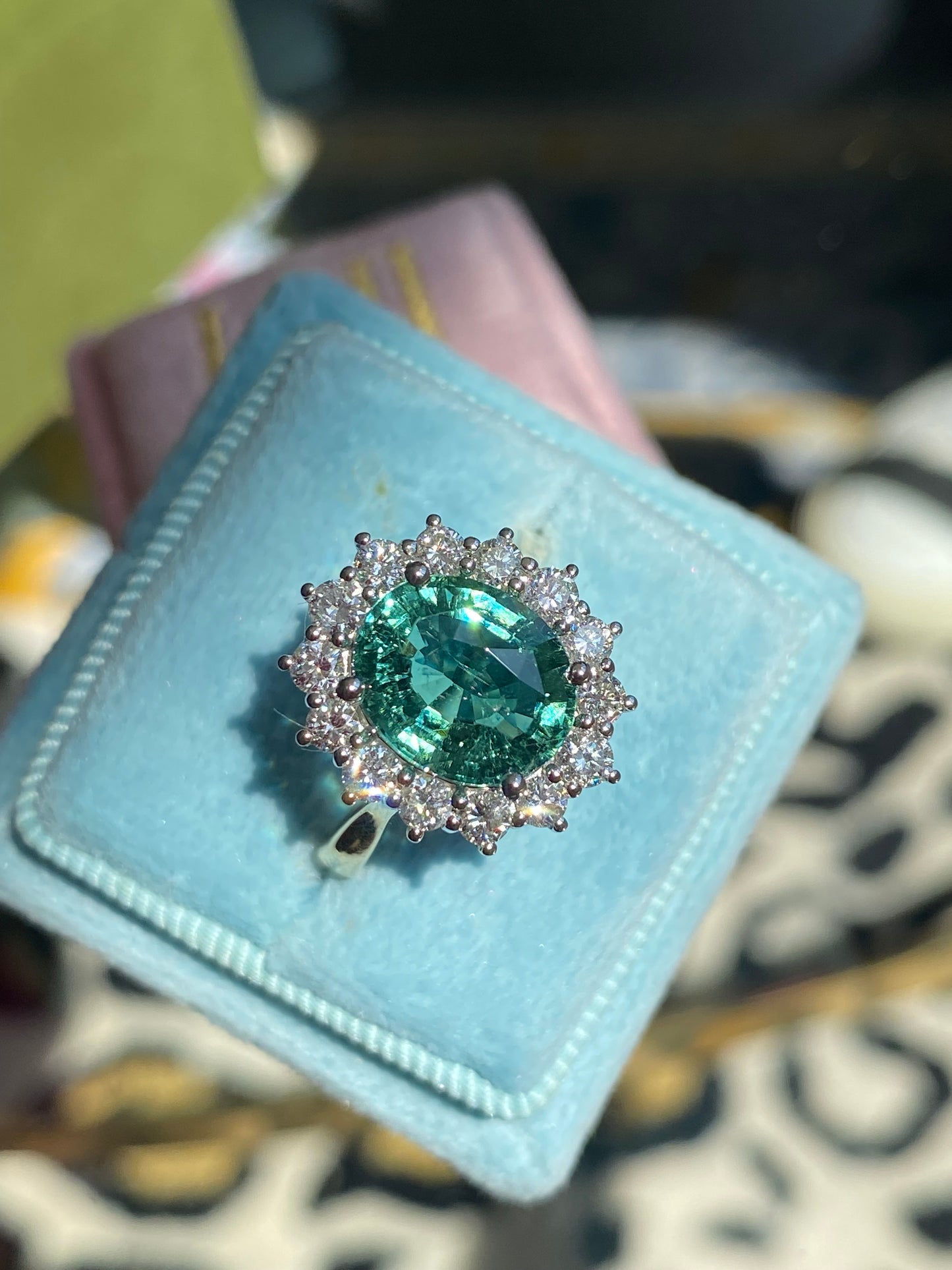 3.06 Carat Blue Tourmaline and Natural Diamond Halo Ring in Platinum and 18ct Yellow Gold