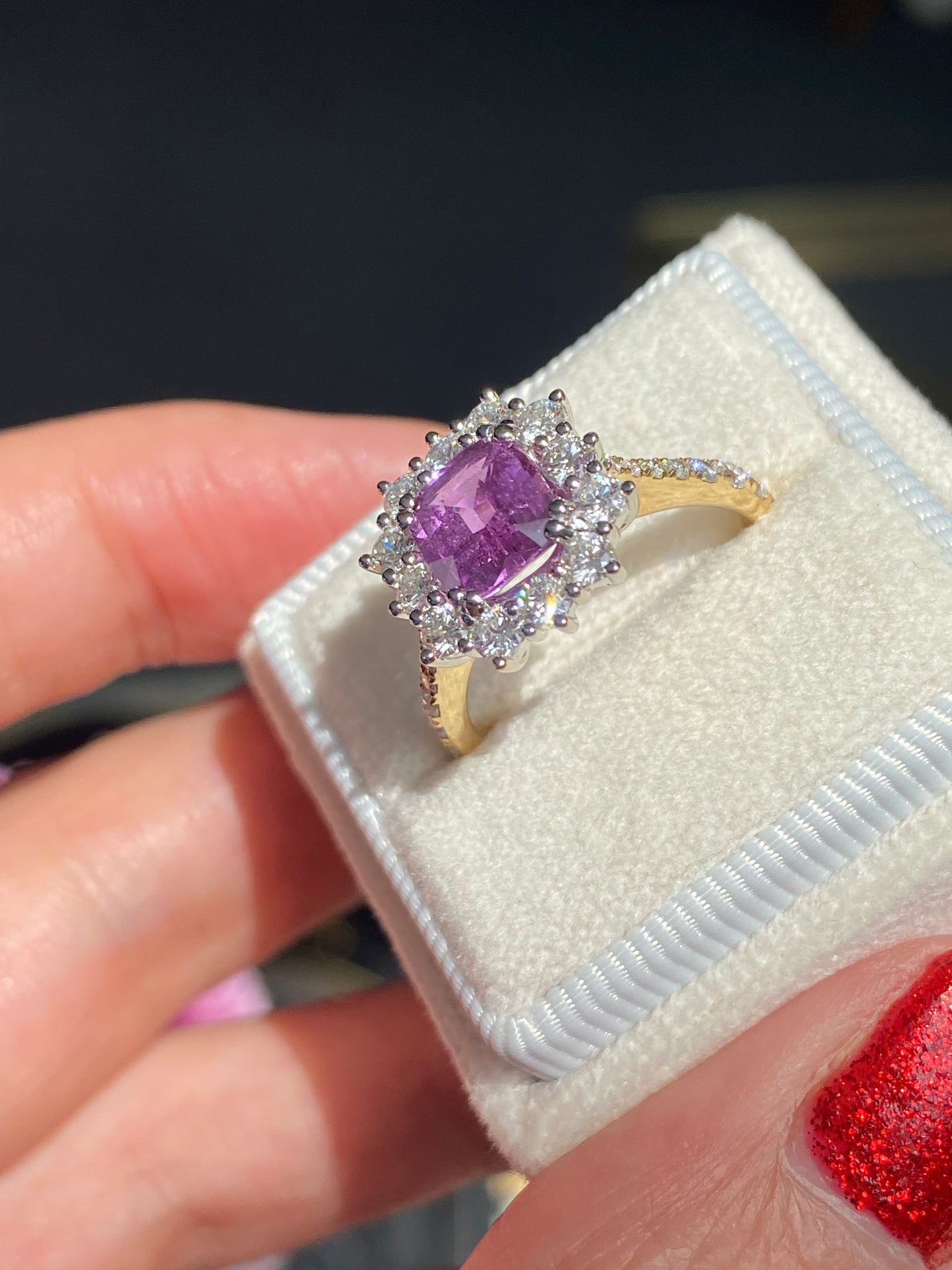 1.65 Carat Purple Sapphire and 0.85ctw Natural Diamond Halo Ring in Platinum and 18ct Gold