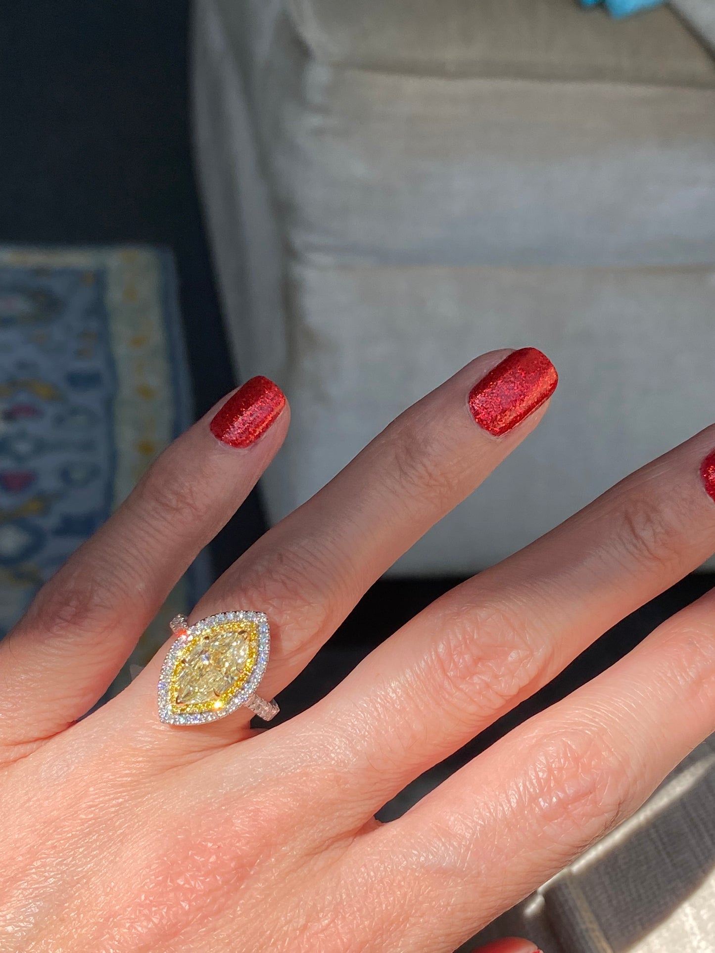 3.21 ctw Marquise Cut Natural Yellow Diamond Engagement Ring in Platinum and 18ct Yellow Gold