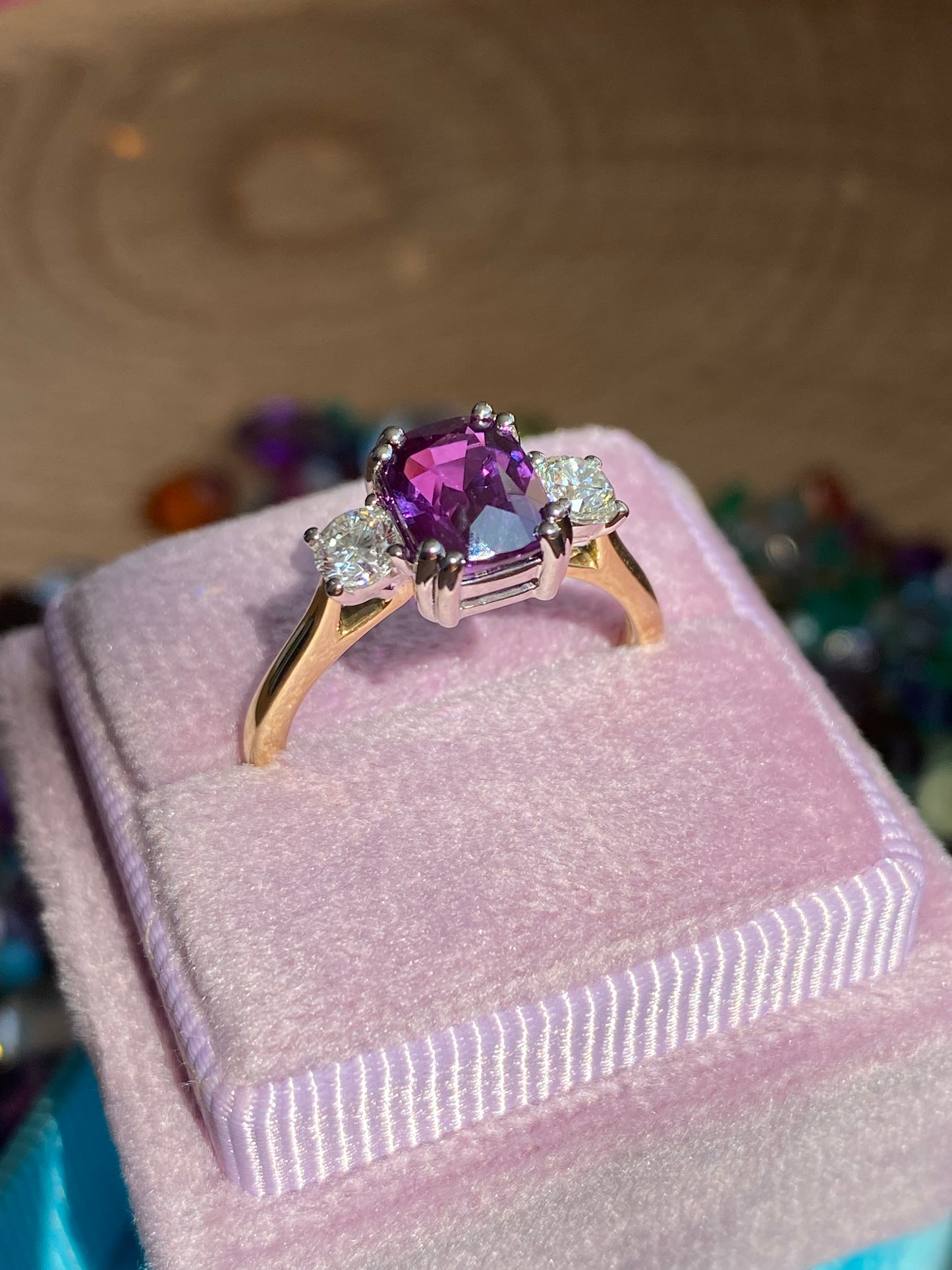 2.16 Carat Purple Sapphire and 0.38ctw Natural Diamond Three Stone Ring in Platinum and 18ct Gold