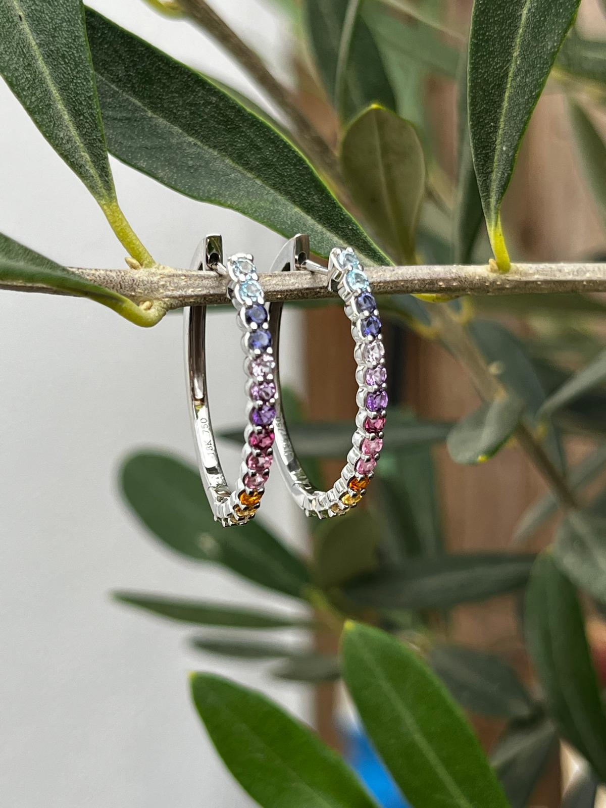 1.10 CTW Colourful Natural Gemstone Hoop Earrings in 18ct White Gold