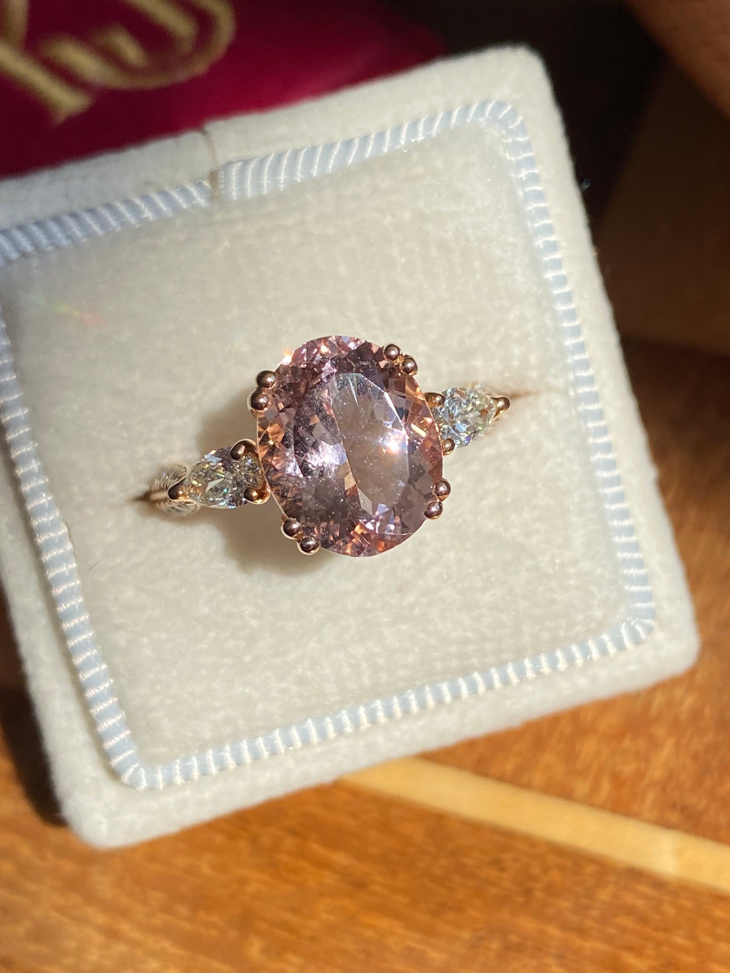 3.04 Carat Morganite and Natural Diamonds Three Stone Engagement Ring in 18ct Rose Gold