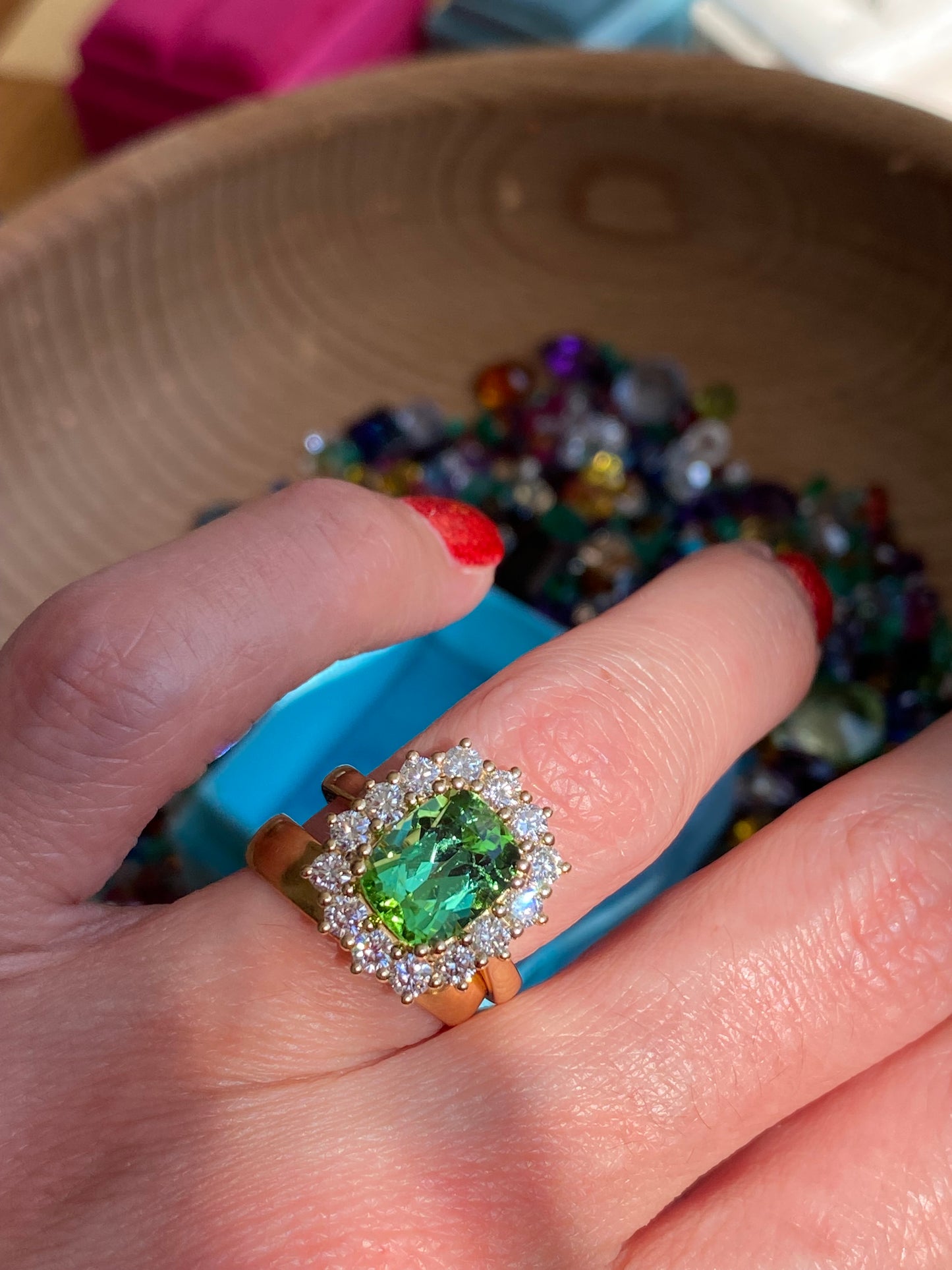 3.02 Carat Green Tourmaline and Natural Diamond Ring in 18ct Yellow Gold