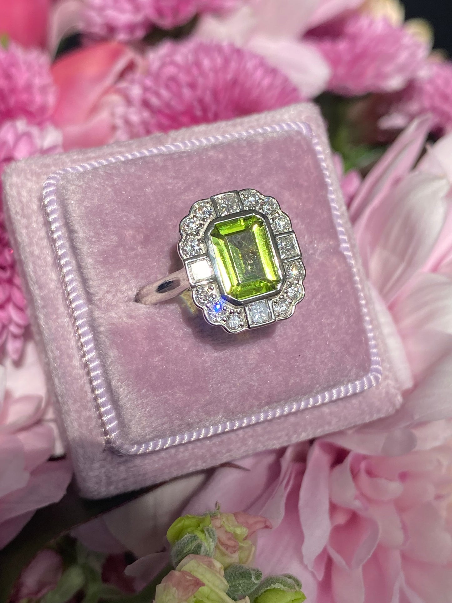 1.32 Carat Peridot and Natural Diamond Ring in Platinum