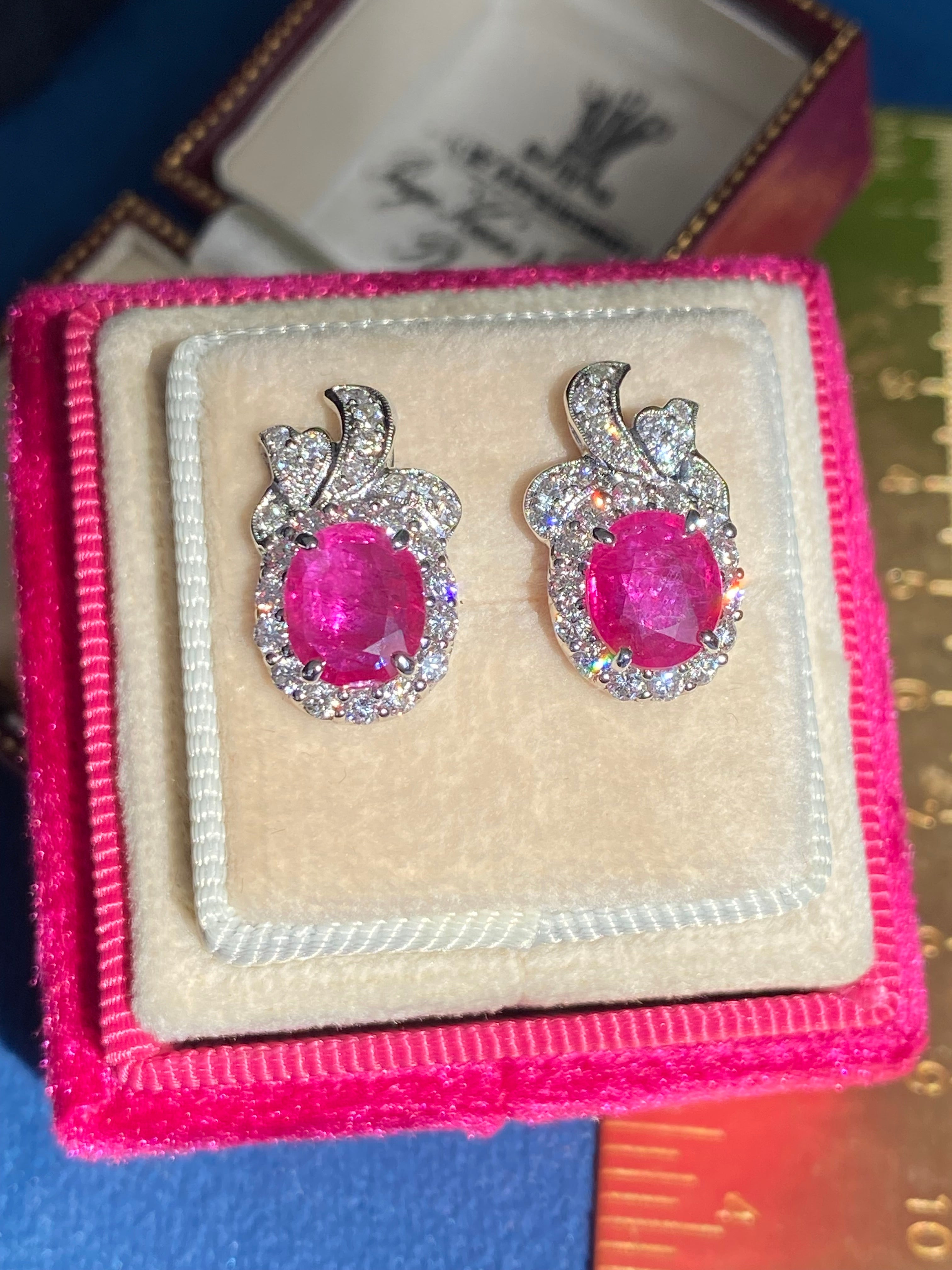 3.98 CTW Vintage Burmese Ruby Stud Earrings in 18ct White Gold