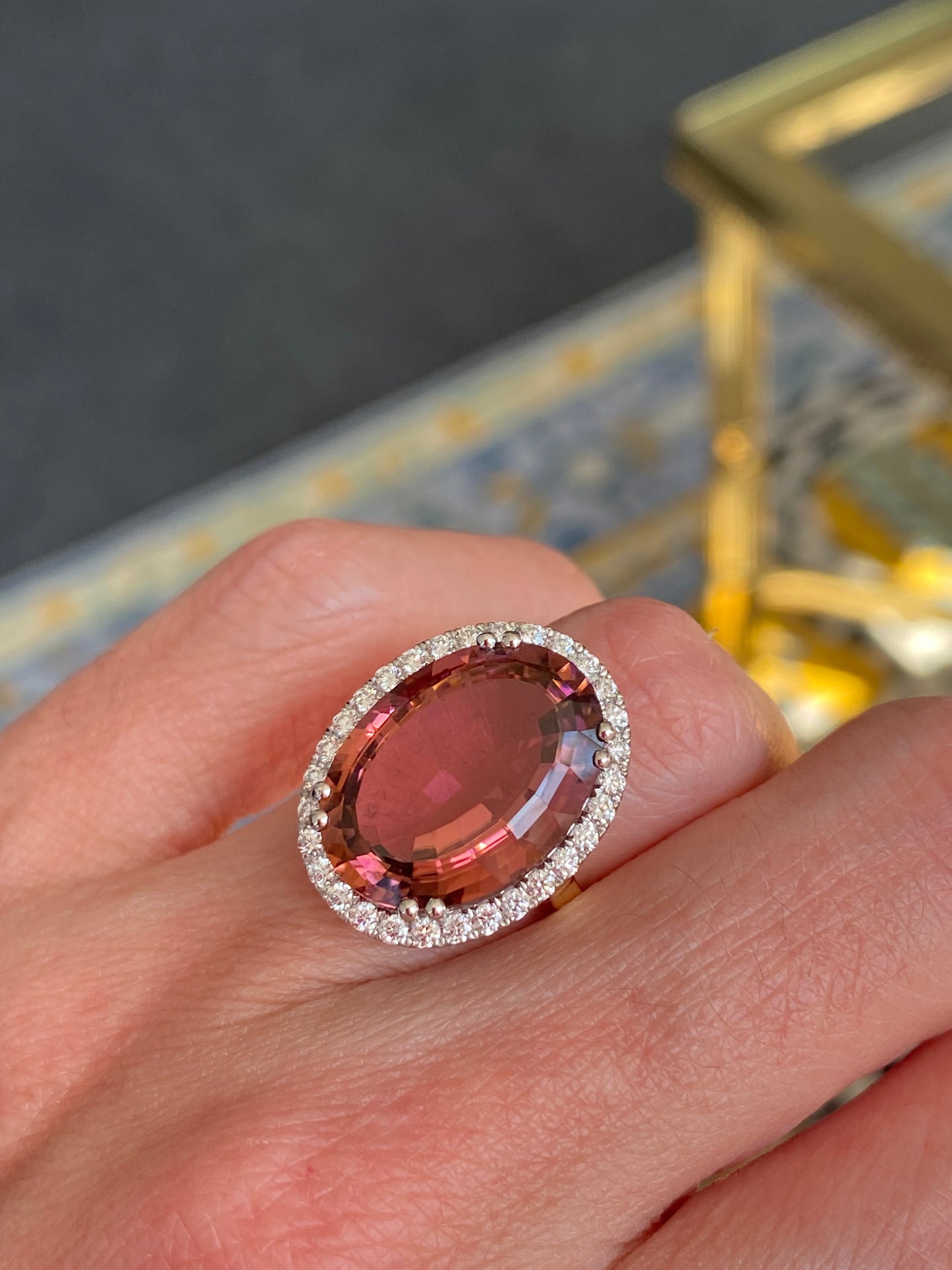 11.48 Carat Pink Tourmaline and Natural Diamond Ring in Platinum and 18ct Yellow Gold