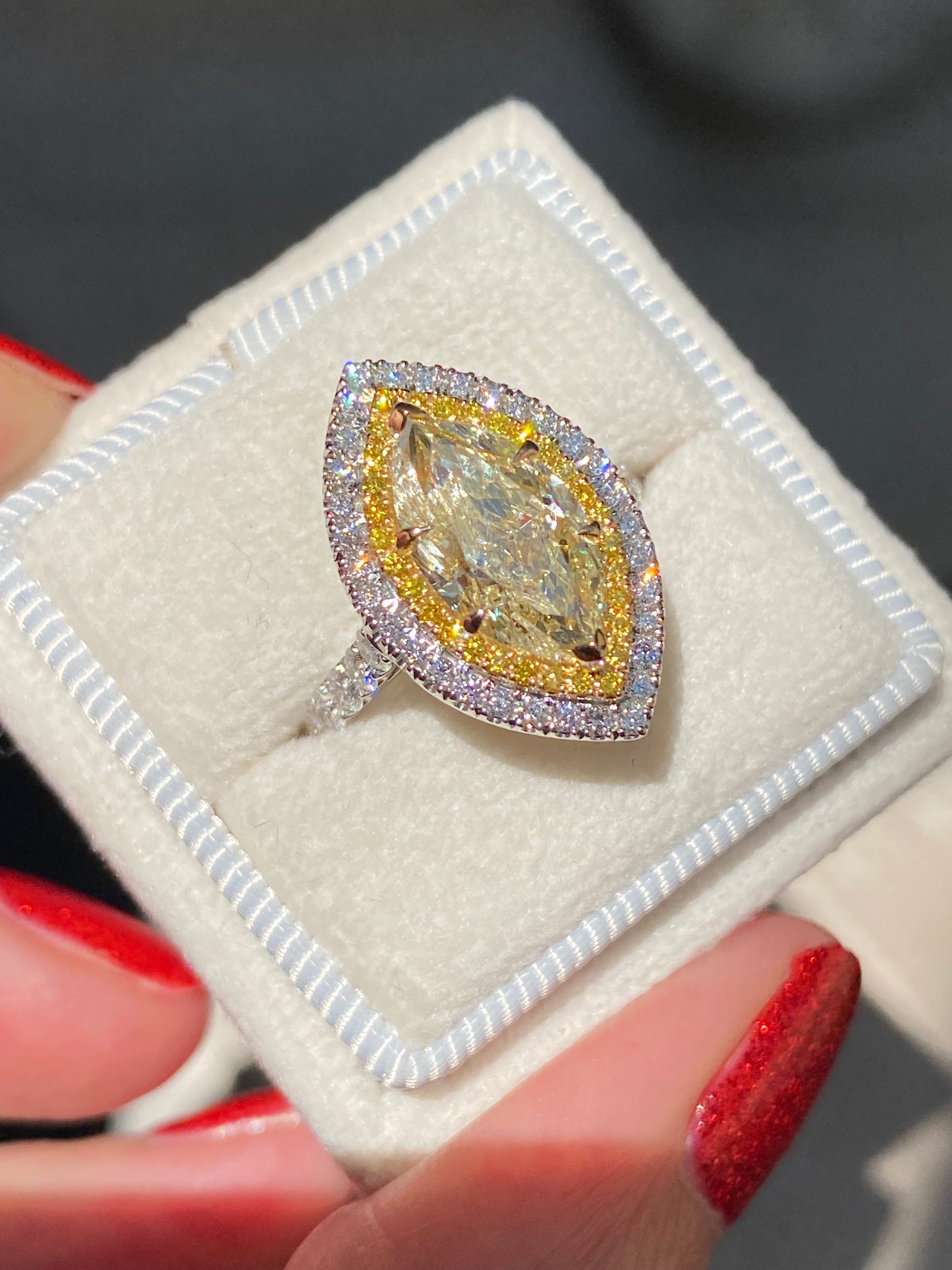 3.21 ctw Marquise Cut Natural Yellow Diamond Engagement Ring in Platinum and 18ct Yellow Gold